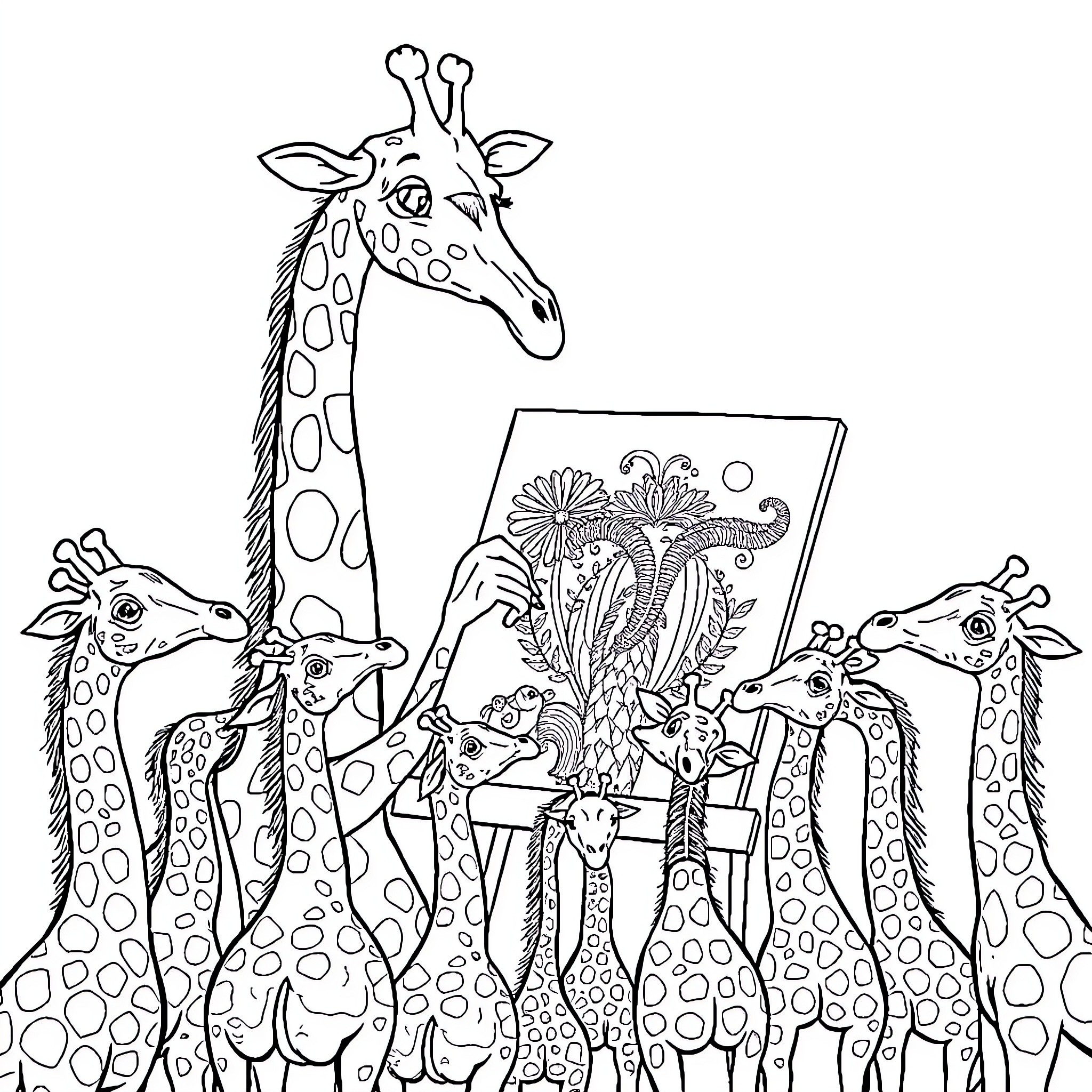 Giraffe Family Enjoying Vibrant Floral Scenery Coloring Page (free black-and-white line drawing printable PDF for all, from beginners to advanced learners, including children, teens, adults, and seniors)