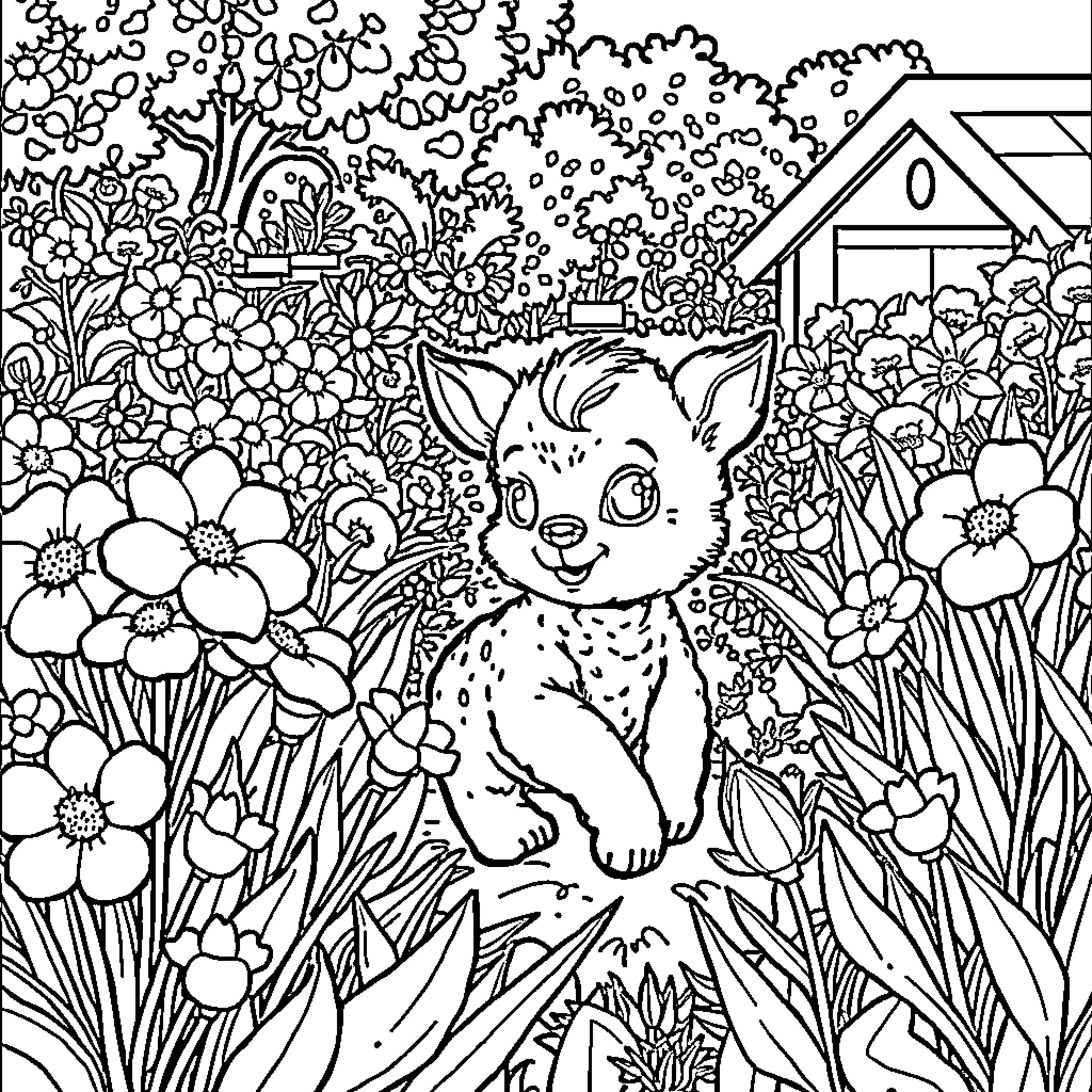 Meredith's Playful Adventure in the Floral Garden Coloring Page (free black-and-white line drawing printable PDF for all, from beginners to advanced learners, including children, teens, adults, and seniors)