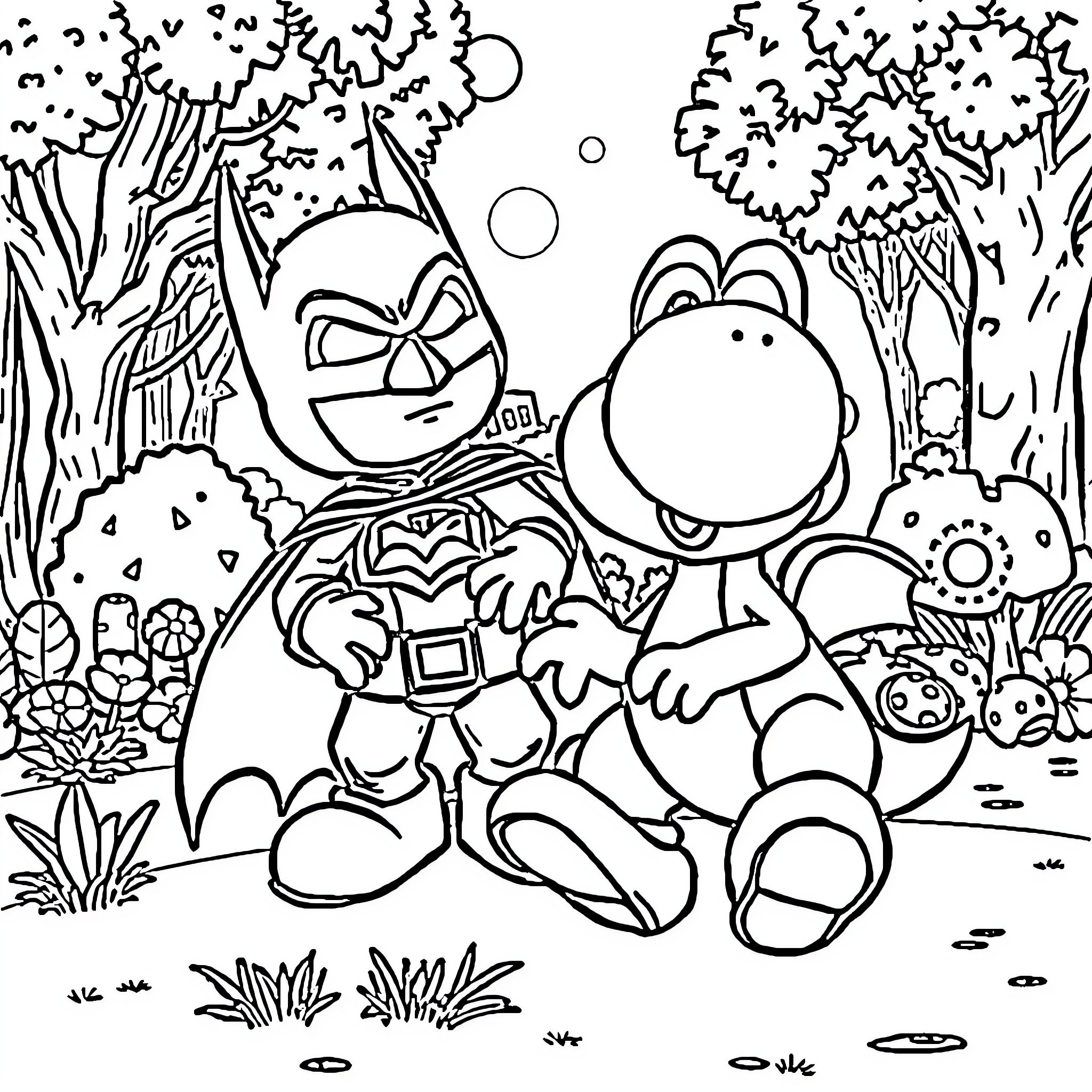 Yoshi and Batman Explore the Enchanted Forest Coloring Page (free black-and-white line drawing printable PDF for all, from beginners to advanced learners, including children, teens, adults, and seniors)