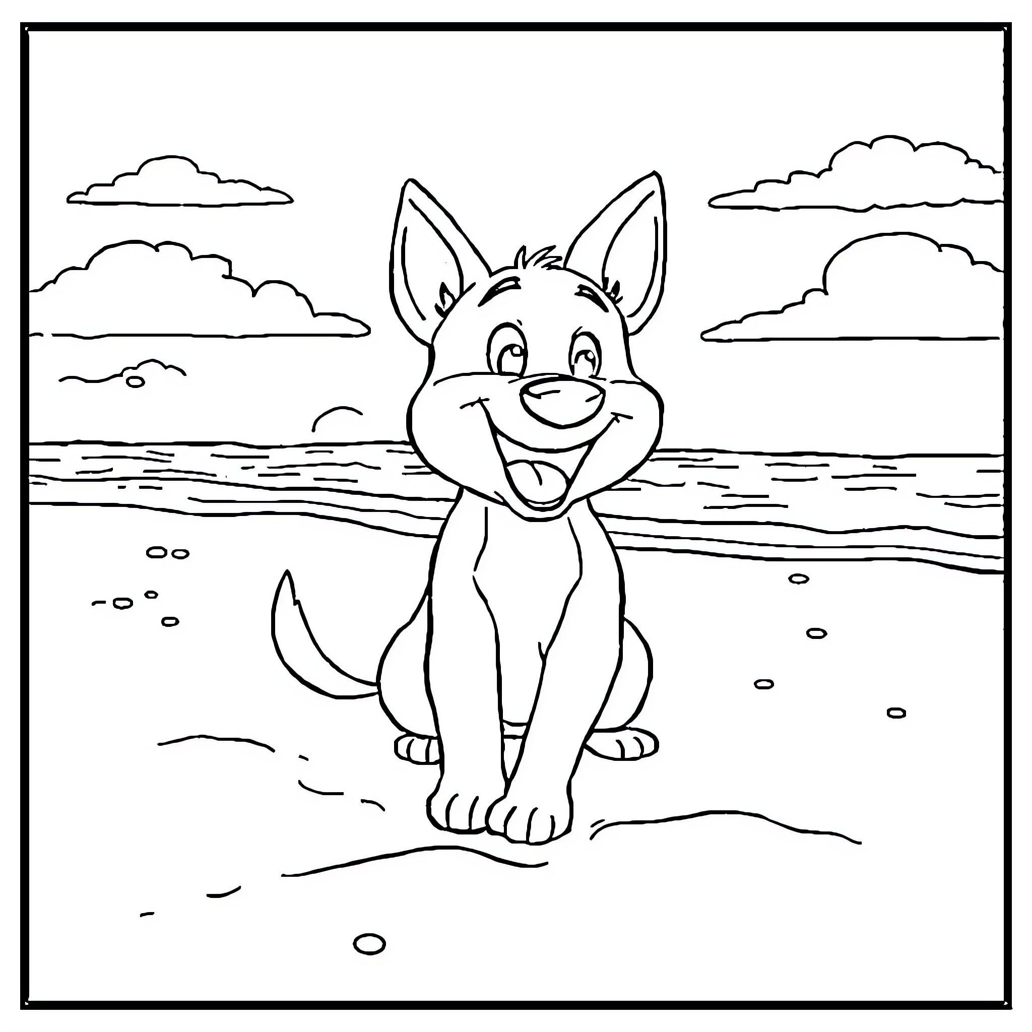 Bluey playing happily on the beach Coloring Page (free black-and-white line drawing printable PDF for all, from beginners to advanced learners, including children, teens, adults, and seniors)