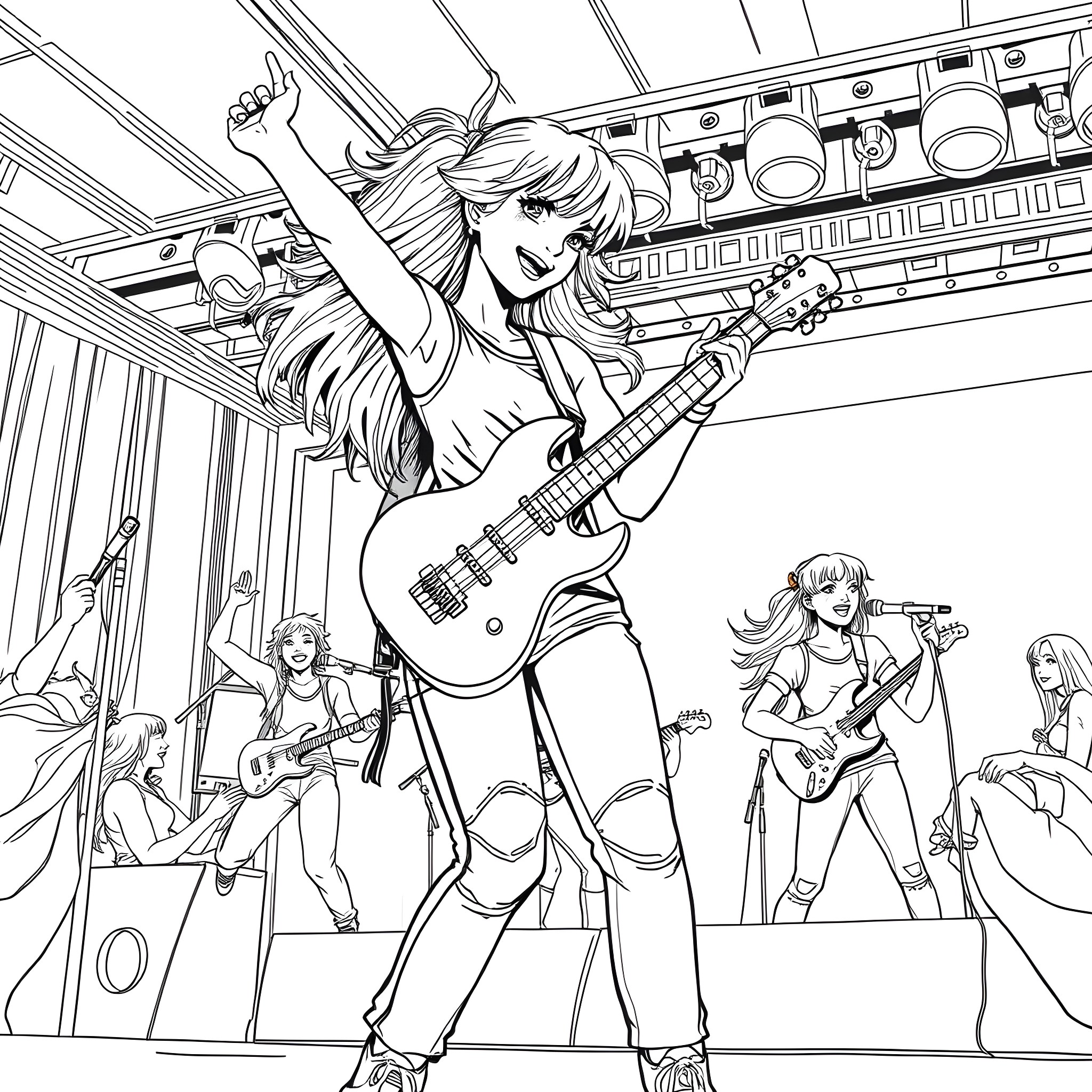 Girl playing electric guitar on stage with band Coloring Page (free black-and-white line drawing printable PDF for all, from beginners to advanced learners, including children, teens, adults, and seniors)