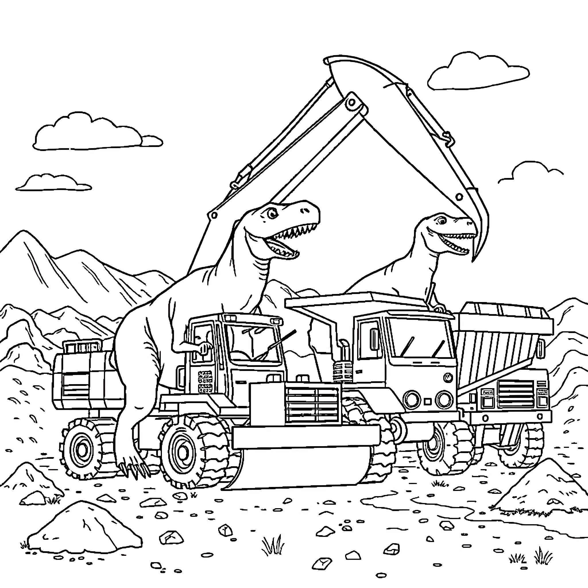 Dinosaurs operating construction vehicles in a rugged landscape Coloring Page (free black-and-white line drawing printable PDF for all, from beginners to advanced learners, including children, teens, adults, and seniors)