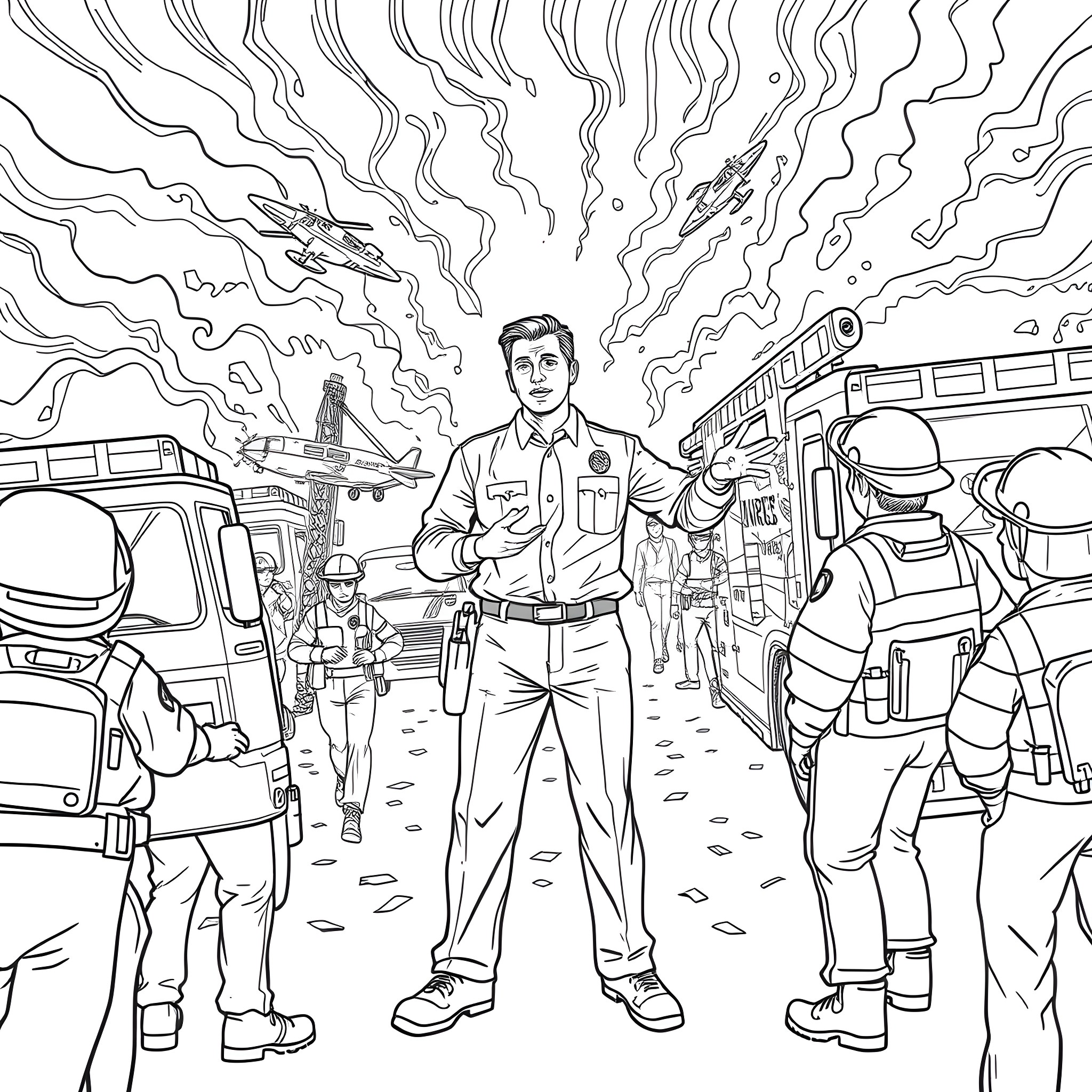Emergency Manager Directing Emergency Response Team Coloring Page (free black-and-white line drawing printable PDF for all, from beginners to advanced learners, including children, teens, adults, and seniors)