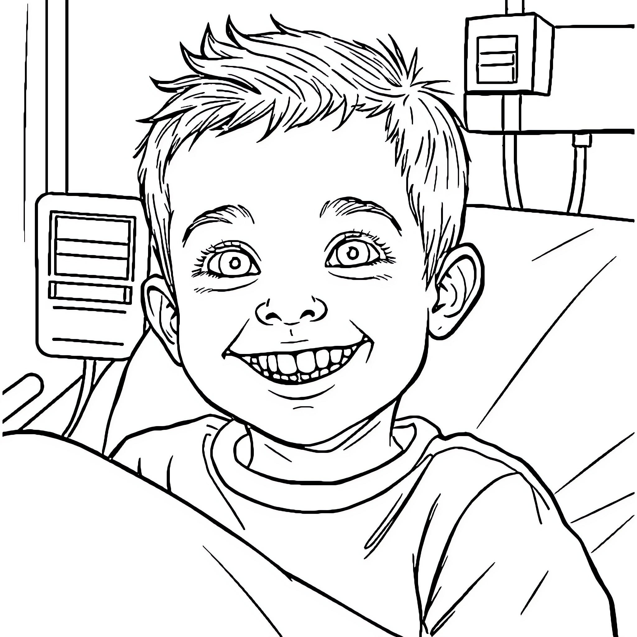 Child's Joyful Expression in Classroom Coloring Page (free black-and-white line drawing printable PDF for all, from beginners to advanced learners, including children, teens, adults, and seniors)