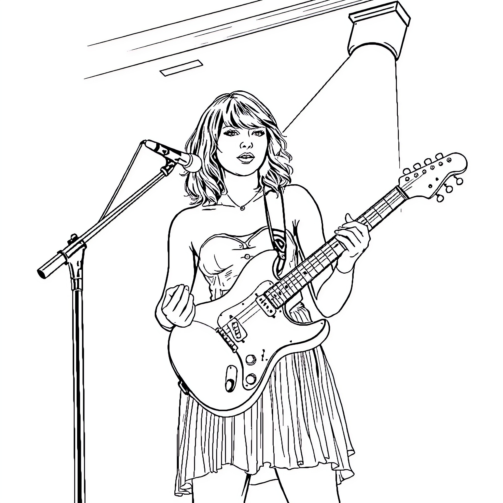 Taylor Swift performing on stage with guitar Coloring Page (free black-and-white line drawing printable PDF for all, from beginners to advanced learners, including children, teens, adults, and seniors)