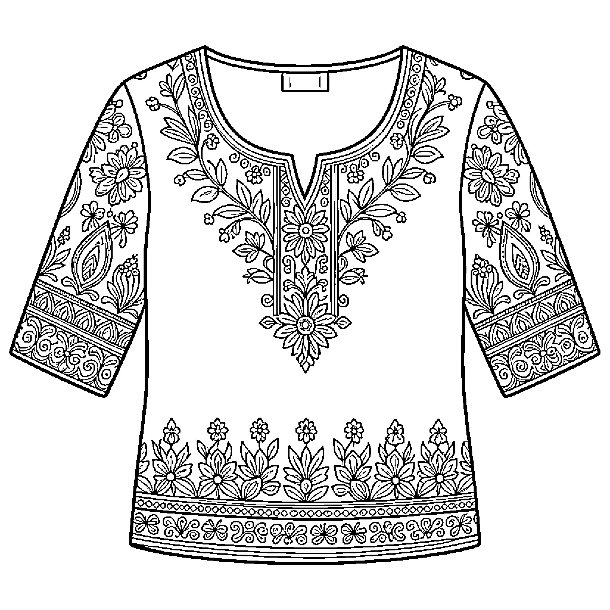 Aari Work featuring intricate floral patterns on a blouse Coloring Page (free black-and-white line drawing printable PDF for all, from beginners to advanced learners, including children, teens, adults, and seniors)
