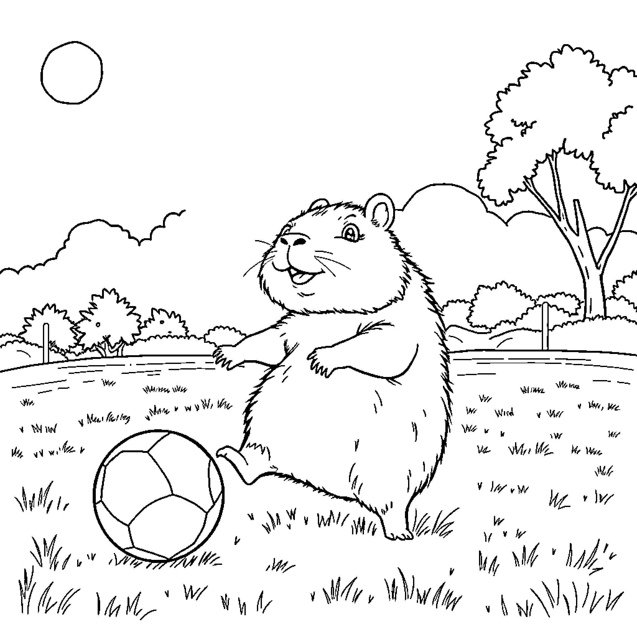 Capybara playing joyfully with ball in outdoor scene Coloring Page (free black-and-white line drawing printable PDF for all, from beginners to advanced learners, including children, teens, adults, and seniors)