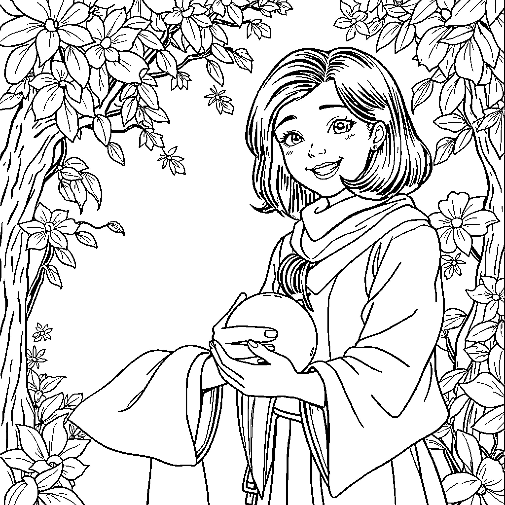 Doro's Floral Delight: A Serene Encounter Coloring Page (free black-and-white line drawing printable PDF for all, from beginners to advanced learners, including children, teens, adults, and seniors)