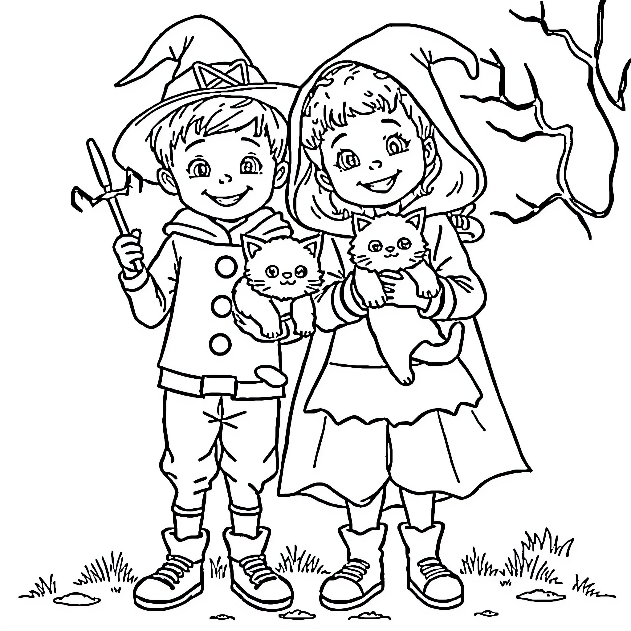Children in Halloween costumes playing with pets Coloring Page (free black-and-white line drawing printable PDF for all, from beginners to advanced learners, including children, teens, adults, and seniors)