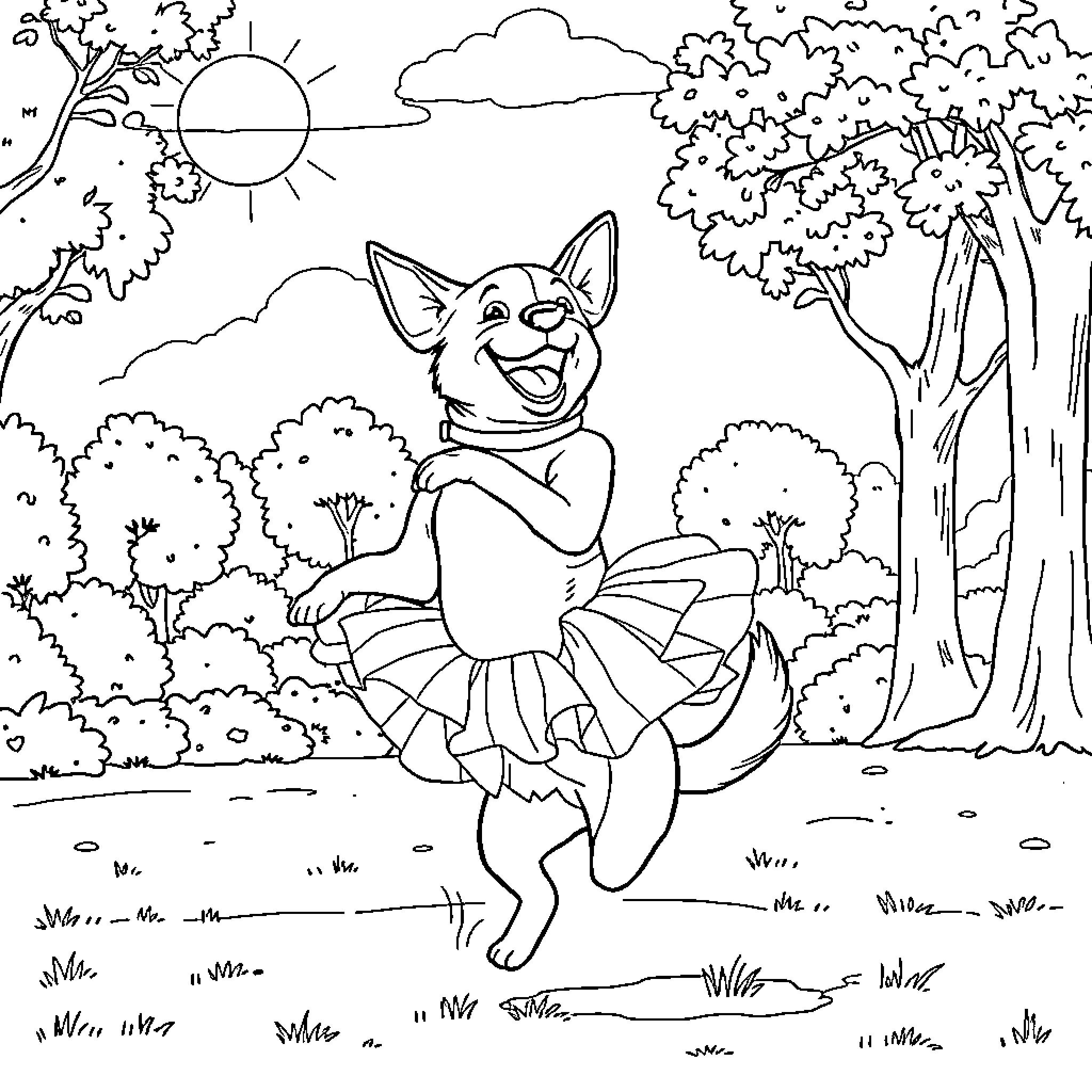 Dog dancing in forest with tutu Coloring Page (free black-and-white line drawing printable PDF for all, from beginners to advanced learners, including children, teens, adults, and seniors)