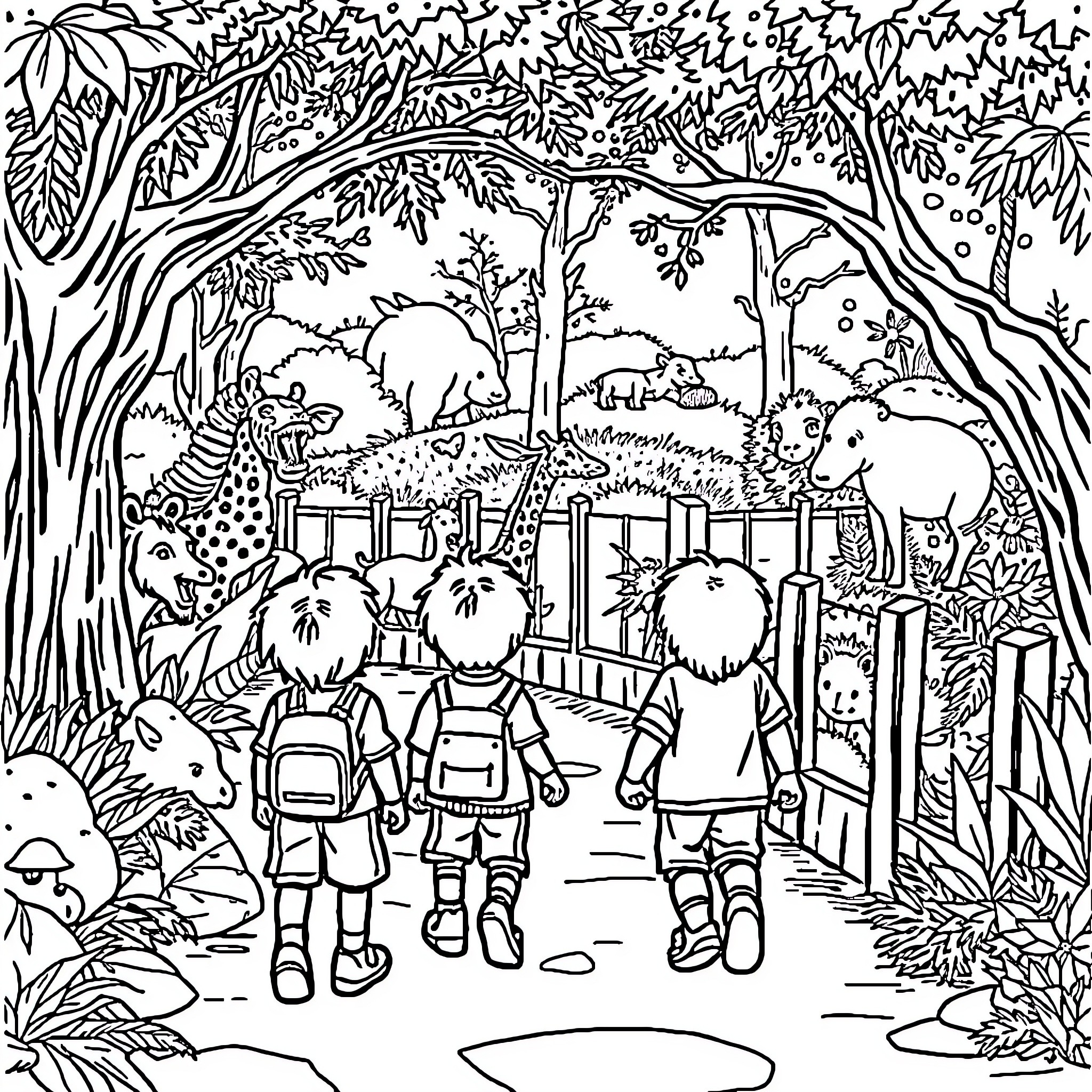 Child exploring wildlife in the forest Coloring Page (free black-and-white line drawing printable PDF for all, from beginners to advanced learners, including children, teens, adults, and seniors)
