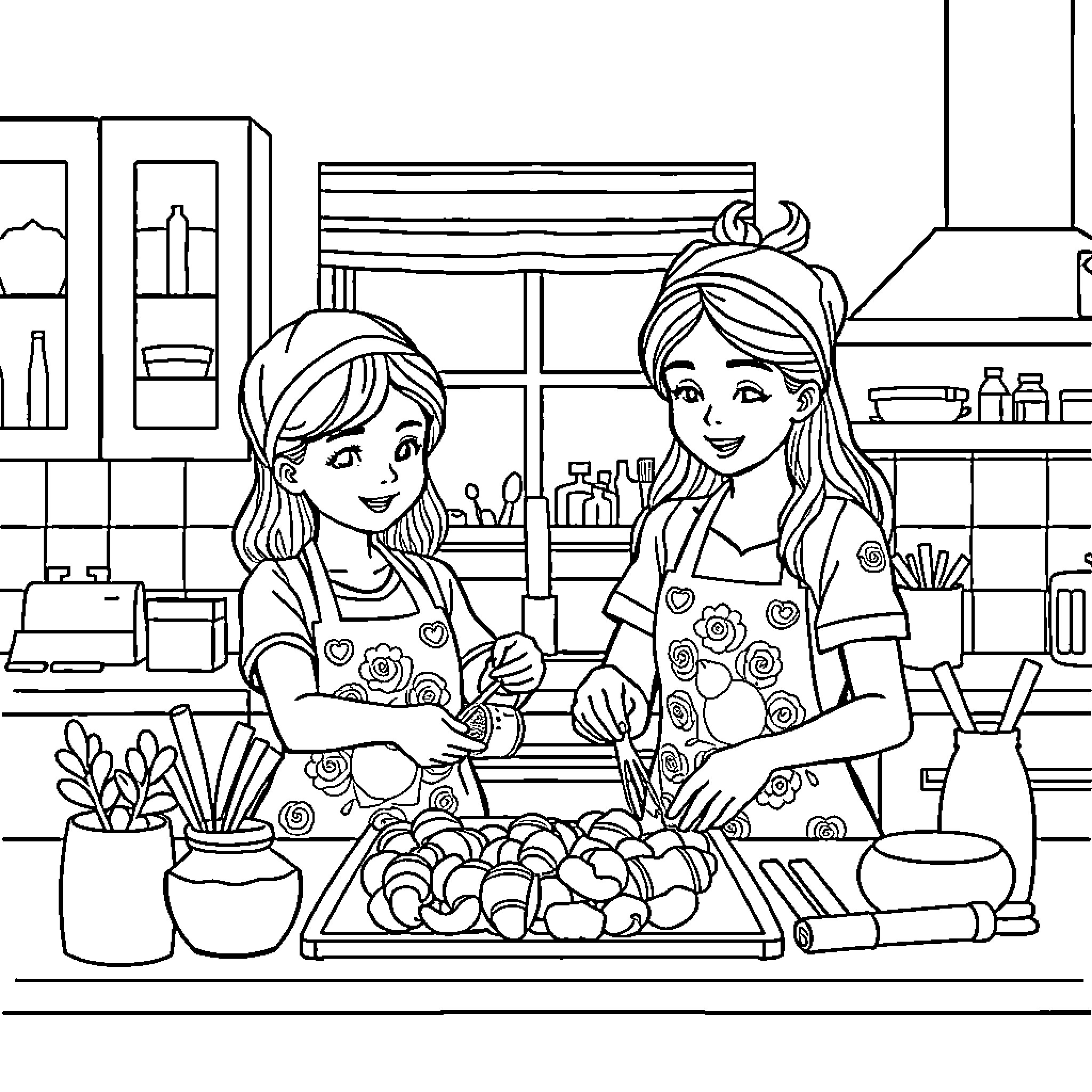 Twin Chefs Preparing Delicious Meal in the Kitchen Coloring Page (free black-and-white line drawing printable PDF for all, from beginners to advanced learners, including children, teens, adults, and seniors)