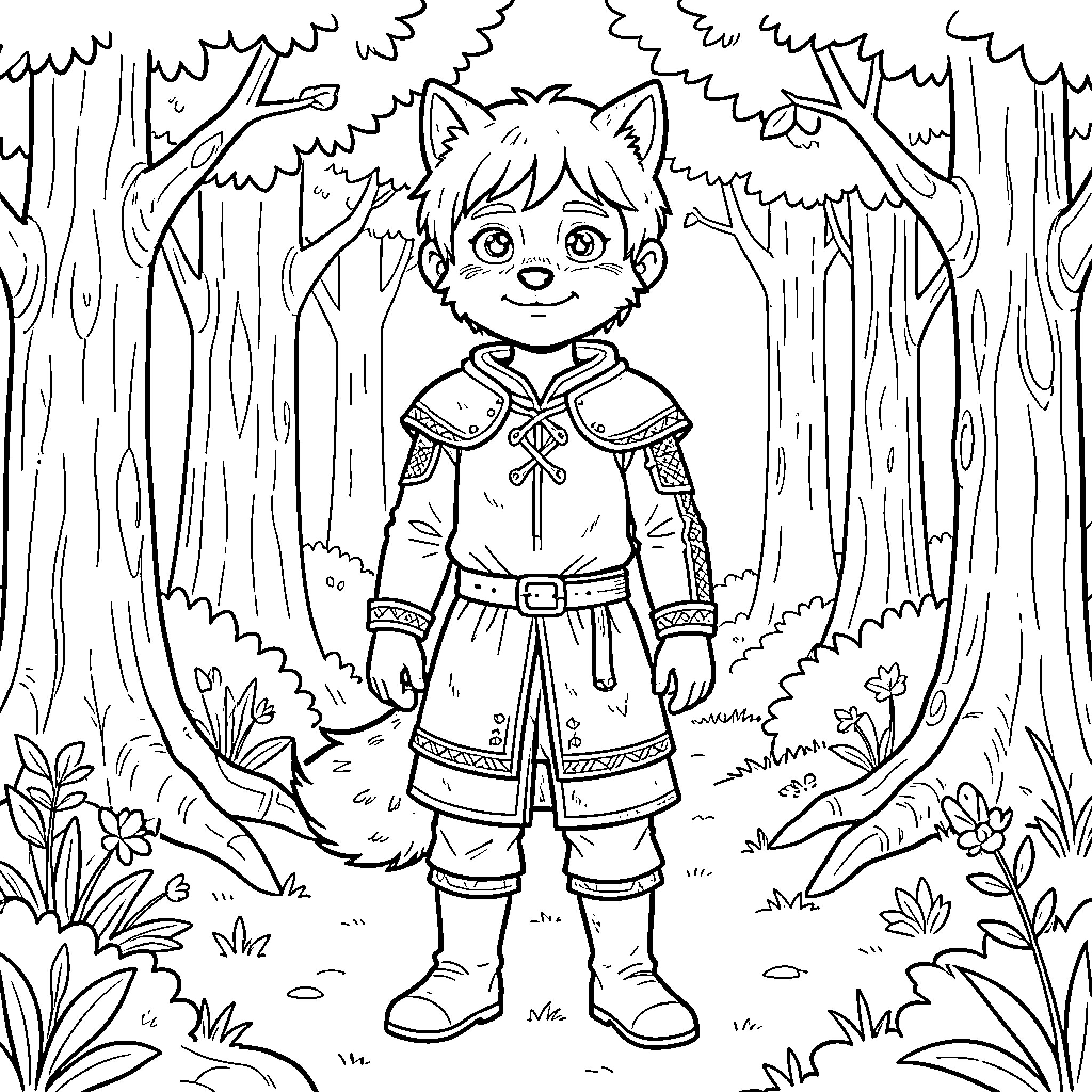 Wolf Boy Exploring the Enchanted Forest Coloring Page (free black-and-white line drawing printable PDF for all, from beginners to advanced learners, including children, teens, adults, and seniors)