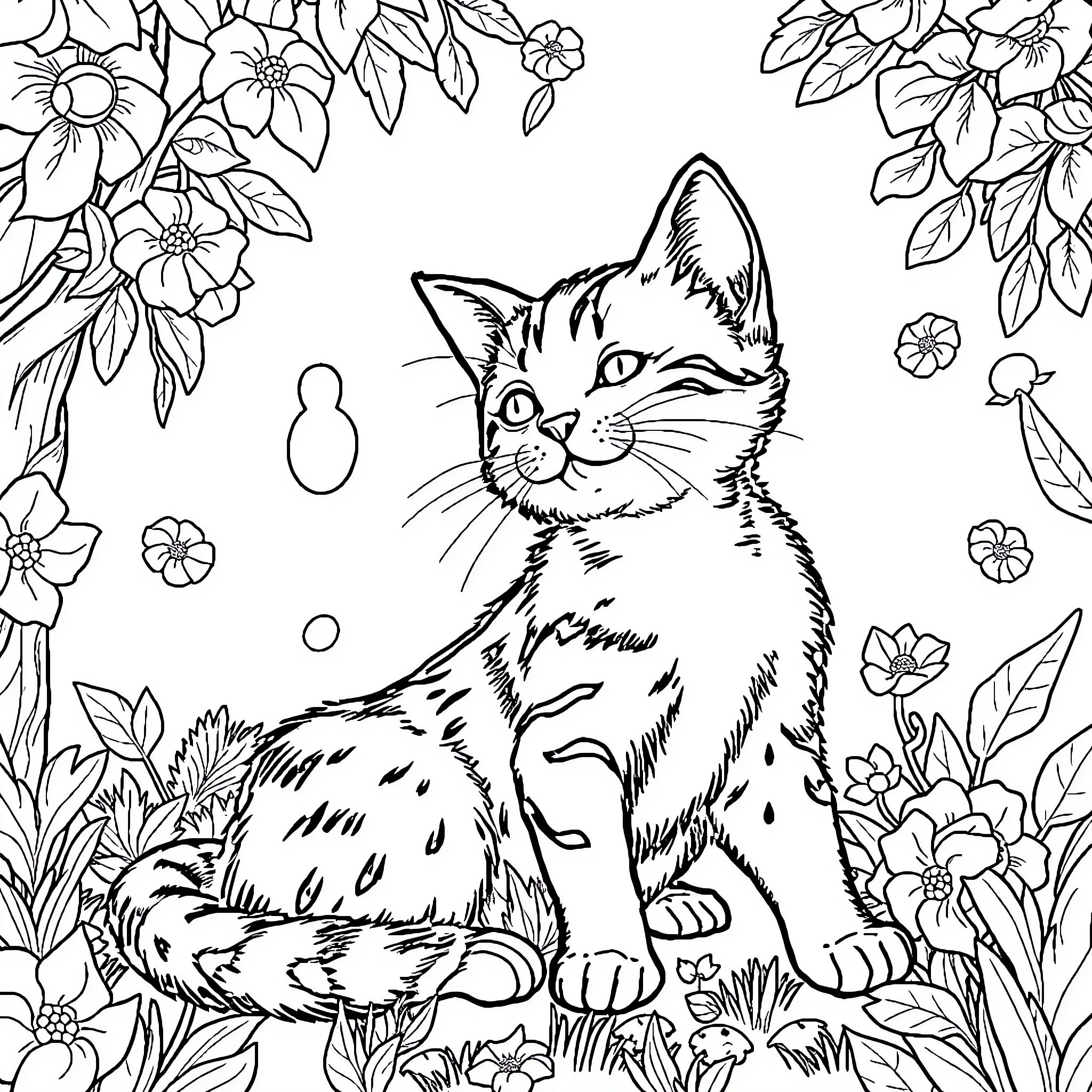 Cat surrounded by flowers in nature Coloring Page (free black-and-white line drawing printable PDF for all, from beginners to advanced learners, including children, teens, adults, and seniors)