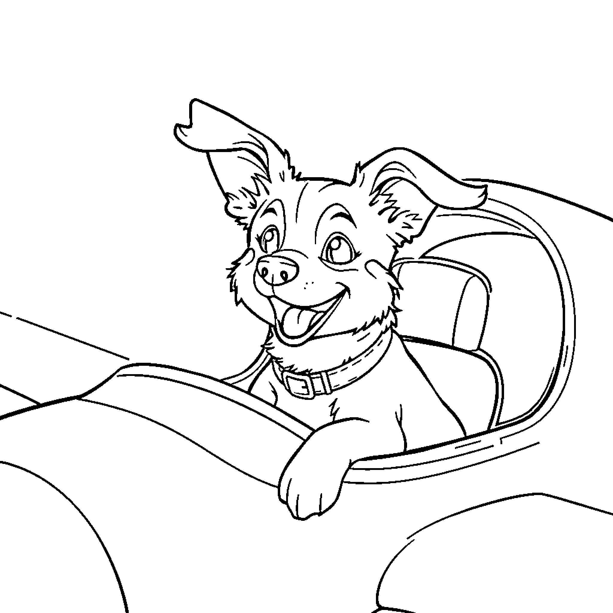 Dog Excitedly Riding in a Car Coloring Page (free black-and-white line drawing printable PDF for all, from beginners to advanced learners, including children, teens, adults, and seniors)