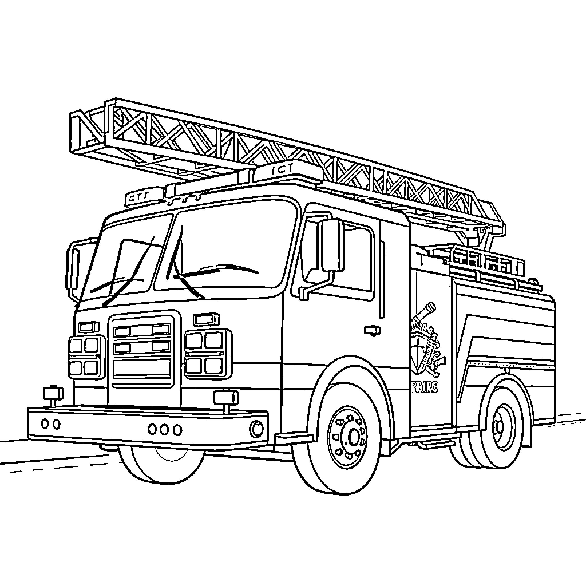 Fire Truck with Aerial Ladder in Action Coloring Page (free black-and-white line drawing printable PDF for all, from beginners to advanced learners, including children, teens, adults, and seniors)