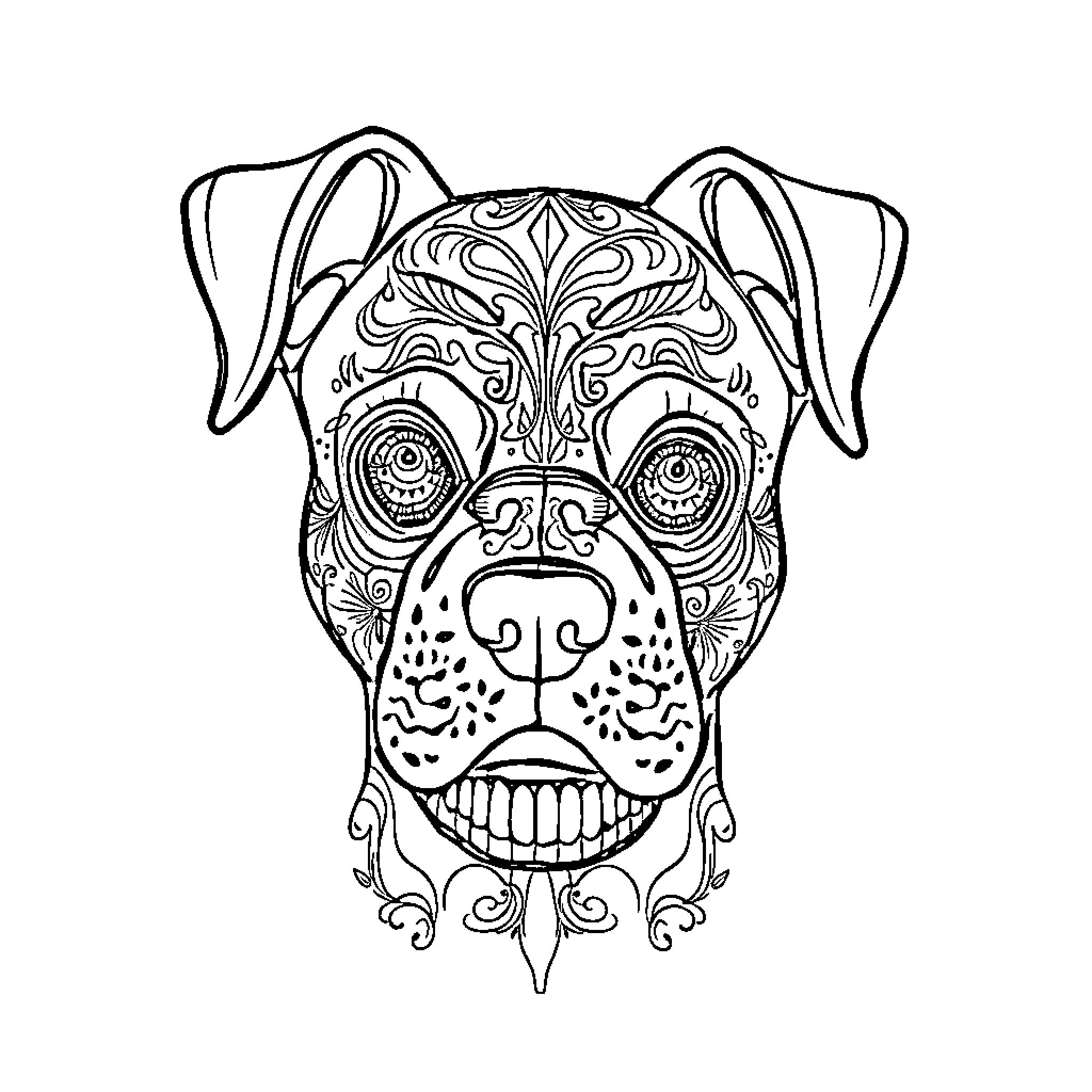 Sugar Skull Pug with Ornate Patterns Coloring Page (free black-and-white line drawing printable PDF for all, from beginners to advanced learners, including children, teens, adults, and seniors)