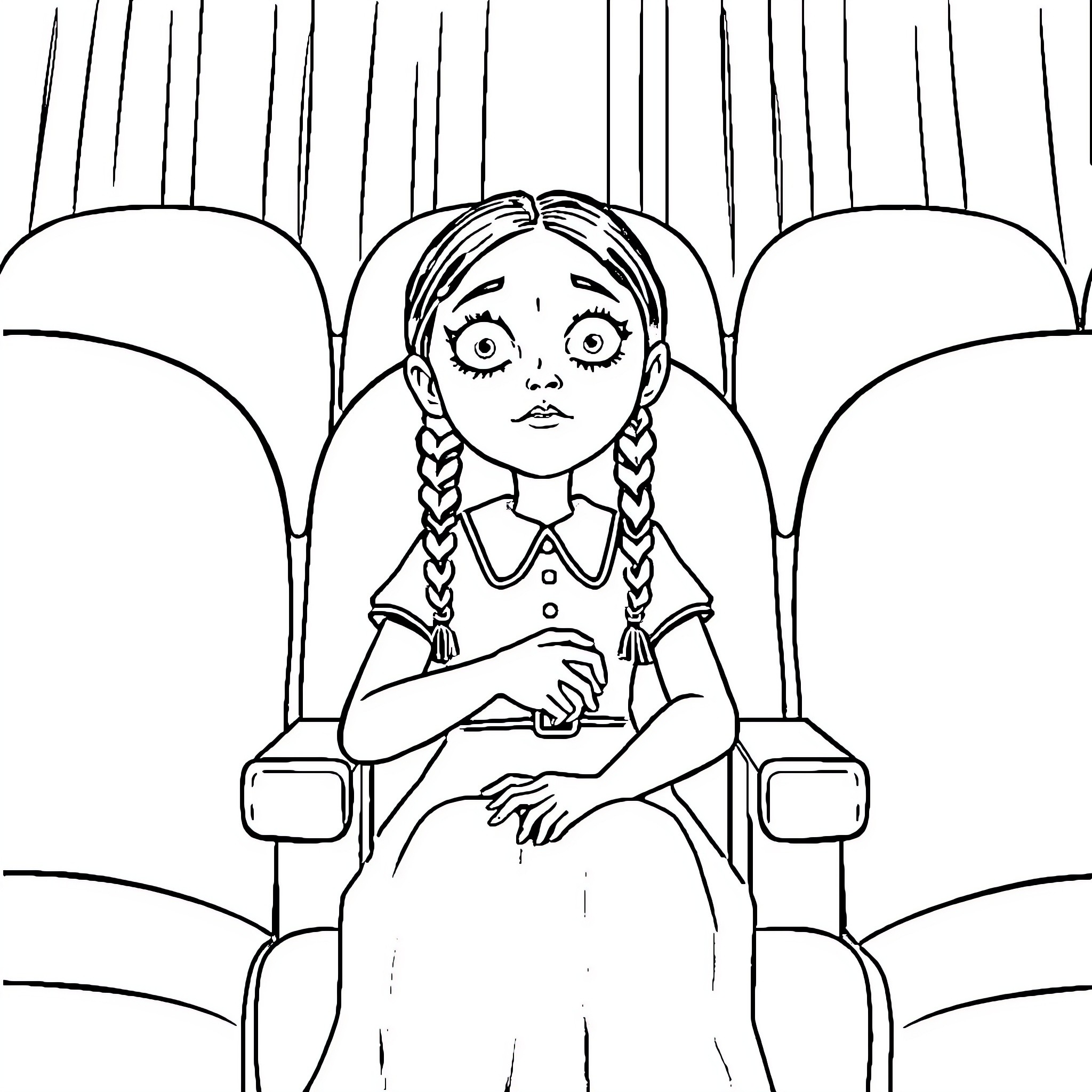 Wednesday Addams sitting on a throne-like chair Coloring Page (free black-and-white line drawing printable PDF for all, from beginners to advanced learners, including children, teens, adults, and seniors)
