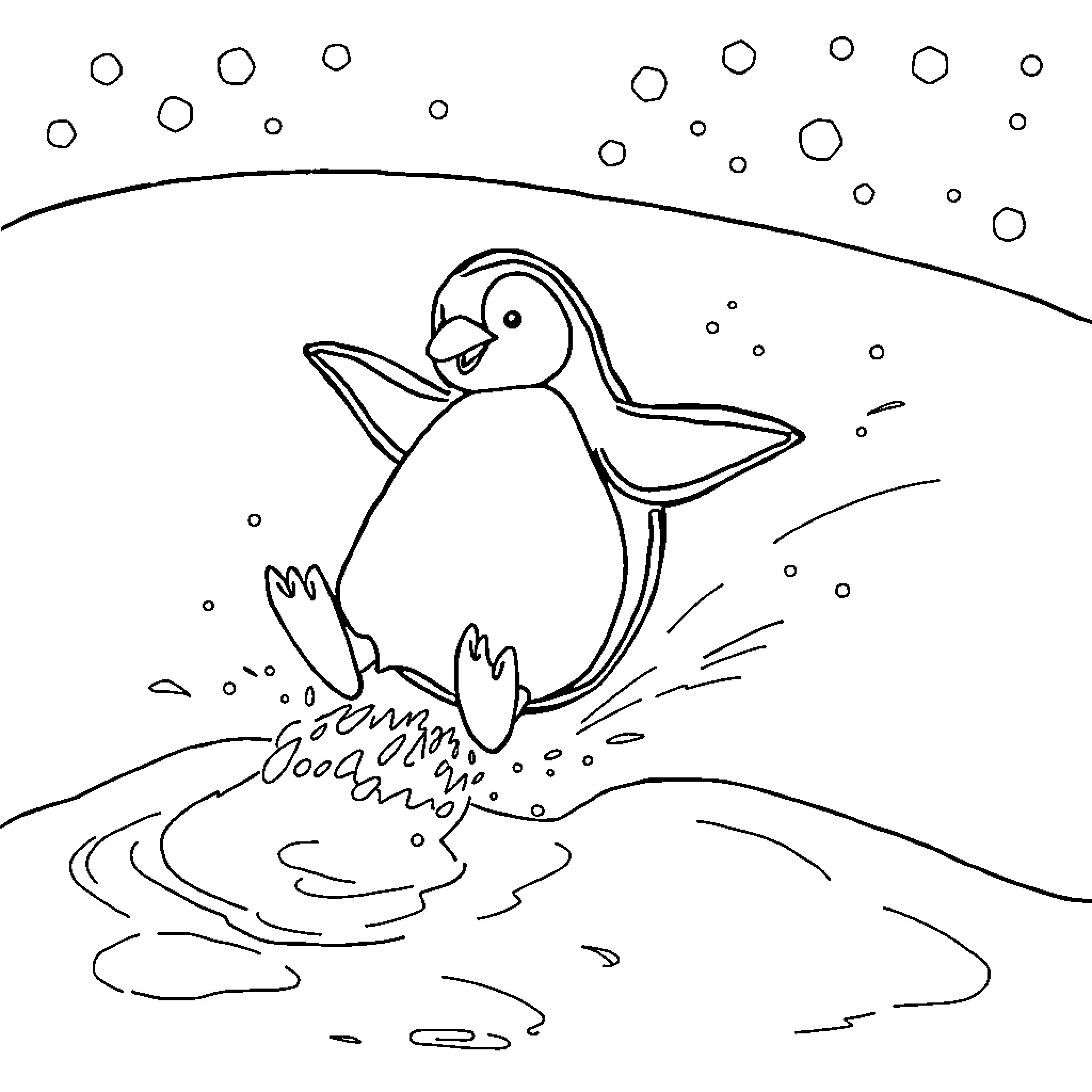 Penguin playing happily in the snow Coloring Page (free black-and-white line drawing printable PDF for all, from beginners to advanced learners, including children, teens, adults, and seniors)