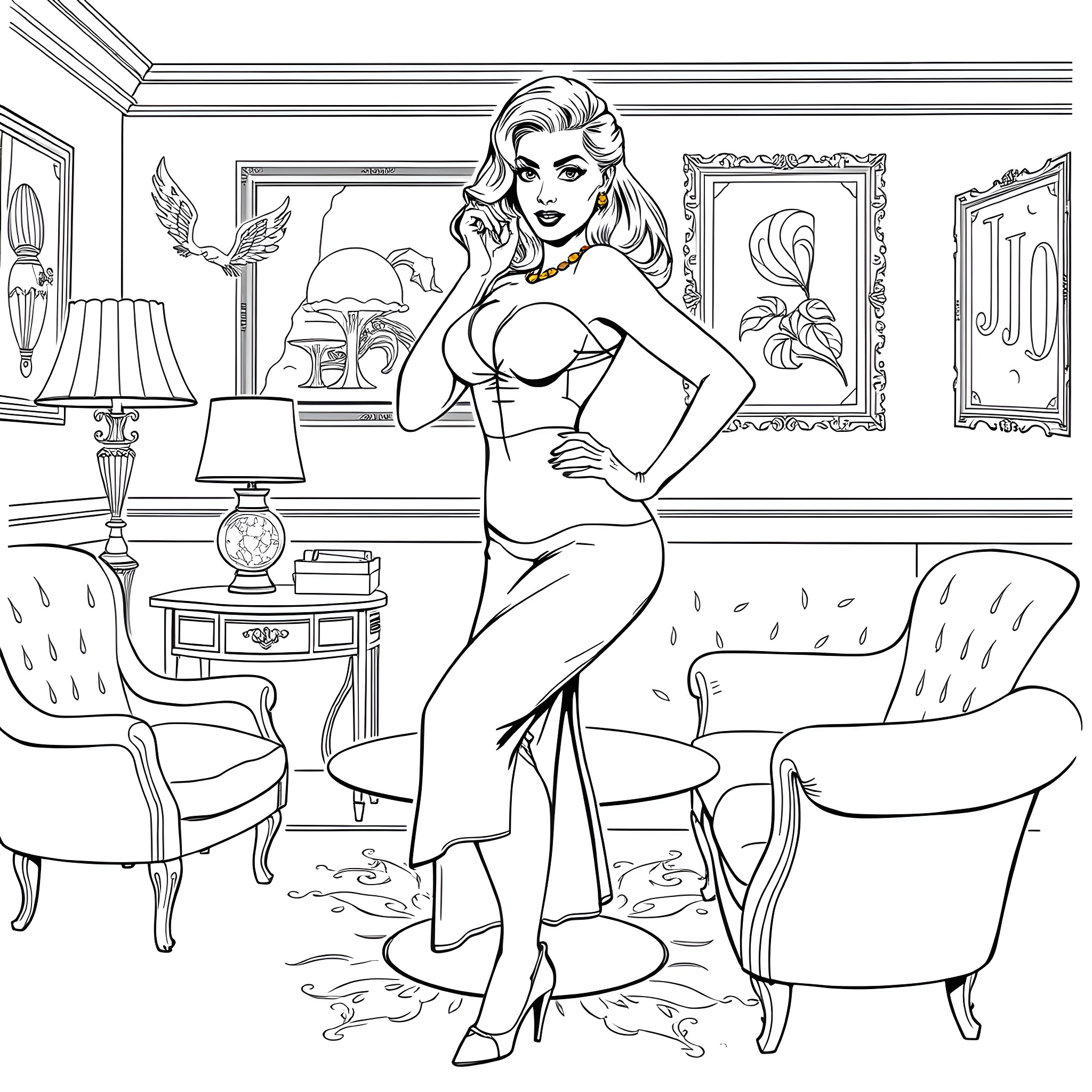 Pinup in Glamorous Attire Posing Confidently Coloring Page (free black-and-white line drawing printable PDF for all, from beginners to advanced learners, including children, teens, adults, and seniors)