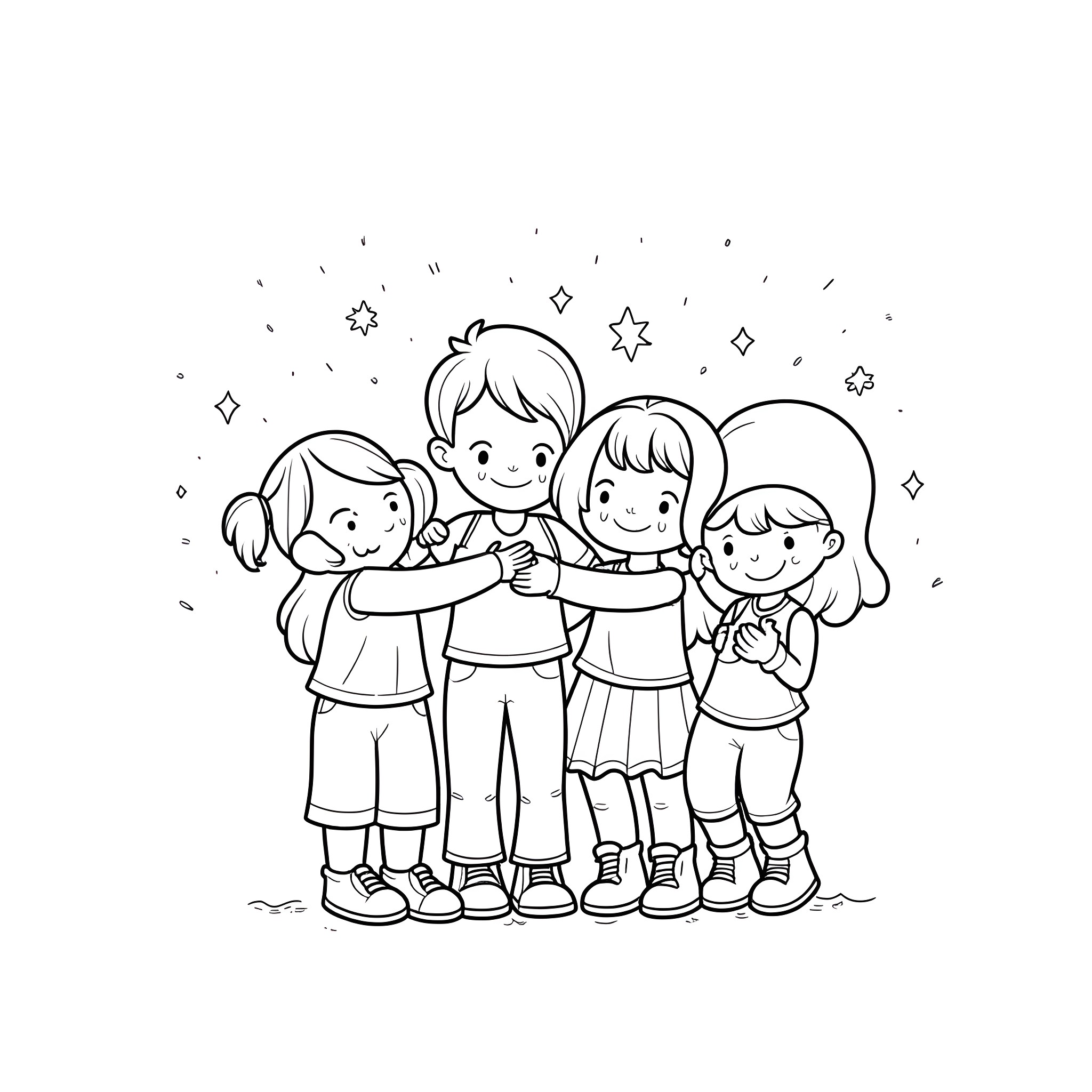 Love and Friendship Among Children Coloring Page (free black-and-white line drawing printable PDF for all, from beginners to advanced learners, including children, teens, adults, and seniors)