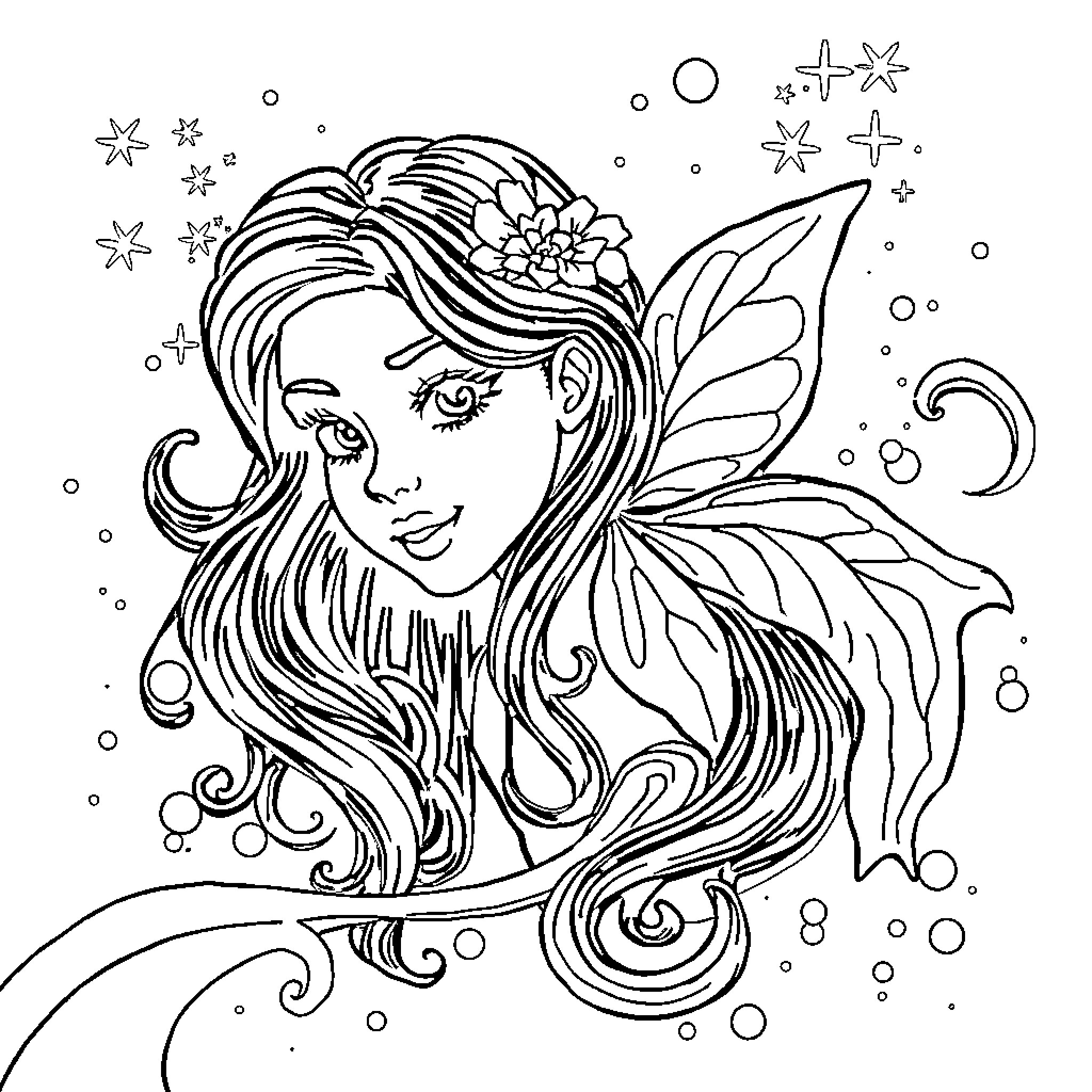Cytherea - Enchanting Fairy with Flowing Hair Coloring Page (free black-and-white line drawing printable PDF for all, from beginners to advanced learners, including children, teens, adults, and seniors)