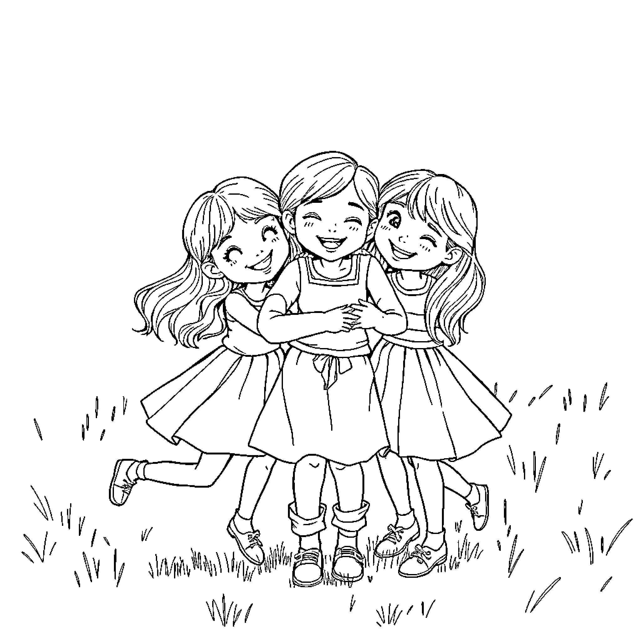 Girls enjoying a sunny day together Coloring Page (free black-and-white line drawing printable PDF for all, from beginners to advanced learners, including children, teens, adults, and seniors)