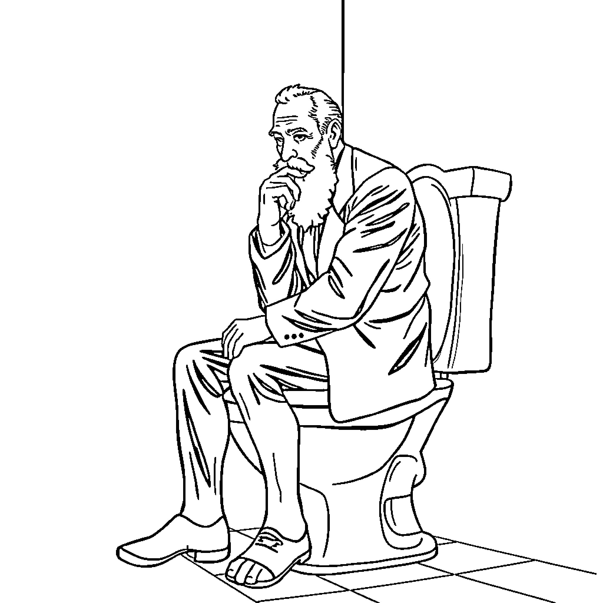 Sigmund Freud contemplating intently Coloring Page (free black-and-white line drawing printable PDF for all, from beginners to advanced learners, including children, teens, adults, and seniors)