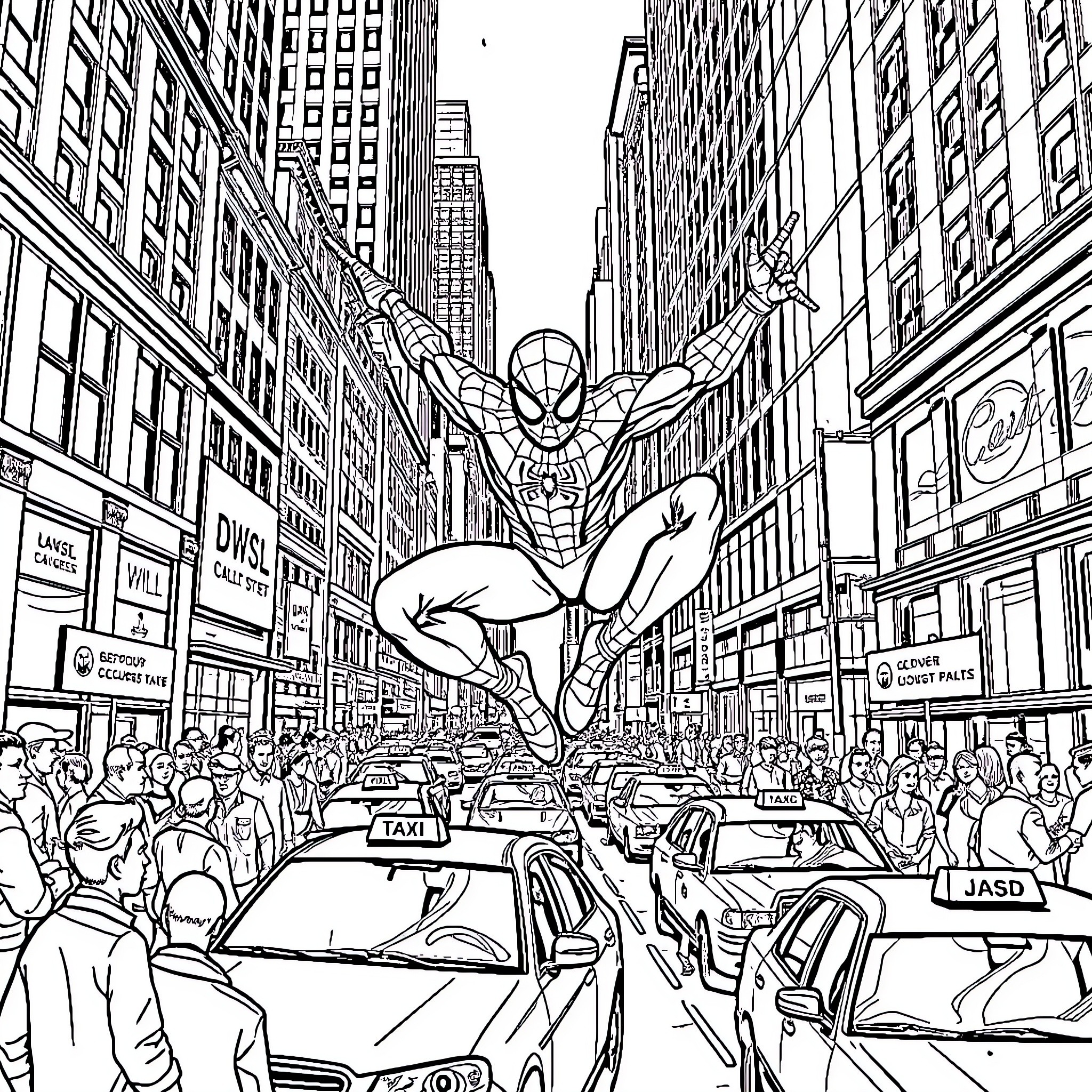 Spiderman swinging through the crowded city streets Coloring Page (free black-and-white line drawing printable PDF for all, from beginners to advanced learners, including children, teens, adults, and seniors)