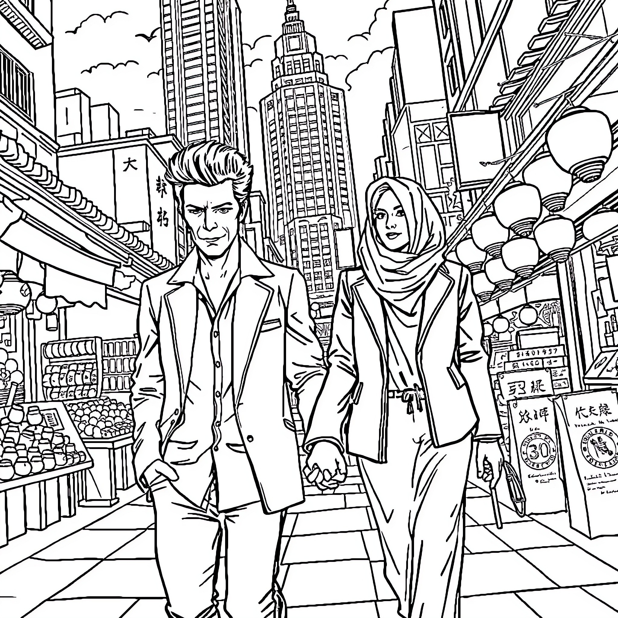 David Bowie and companion strolling through bustling city Coloring Page (free black-and-white line drawing printable PDF for all, from beginners to advanced learners, including children, teens, adults, and seniors)