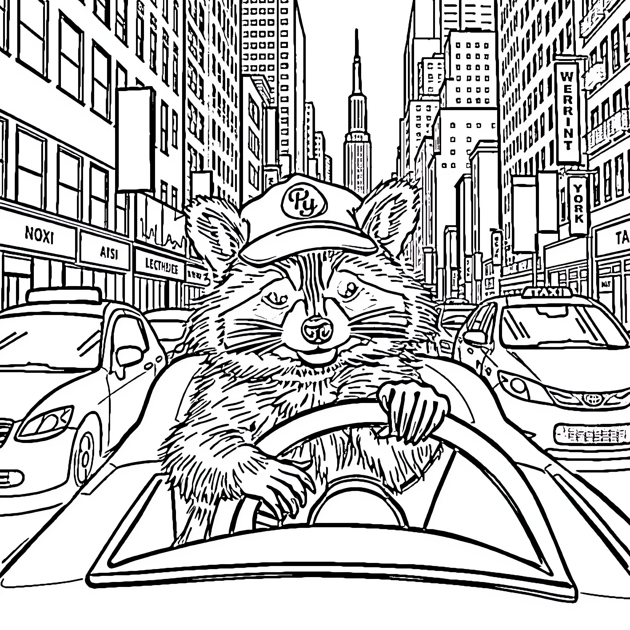 Raccoon detective navigates bustling city streets Coloring Page (free black-and-white line drawing printable PDF for all, from beginners to advanced learners, including children, teens, adults, and seniors)