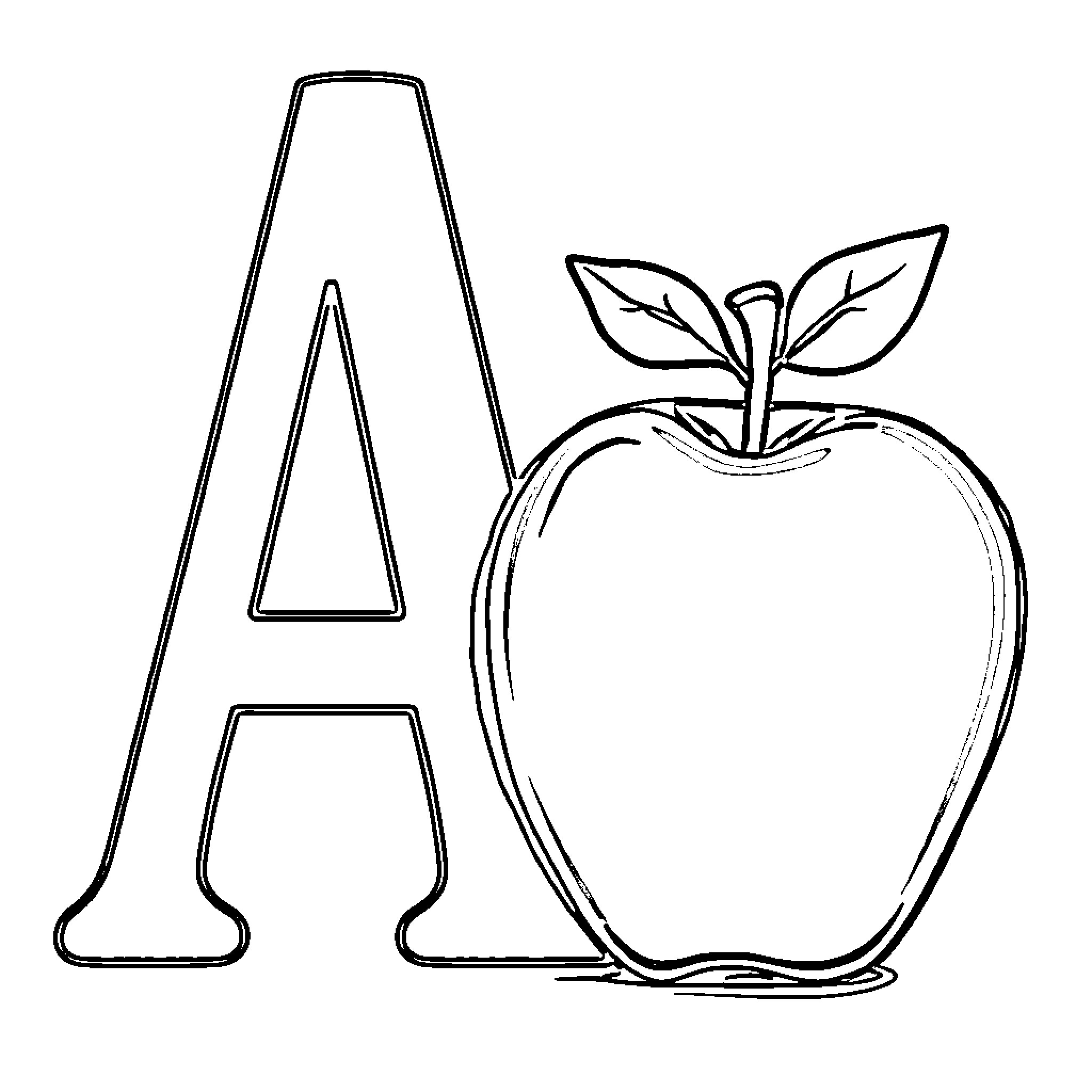 A Depiction of Letter A and Apple Coloring Page (free black-and-white line drawing printable PDF for all, from beginners to advanced learners, including children, teens, adults, and seniors)