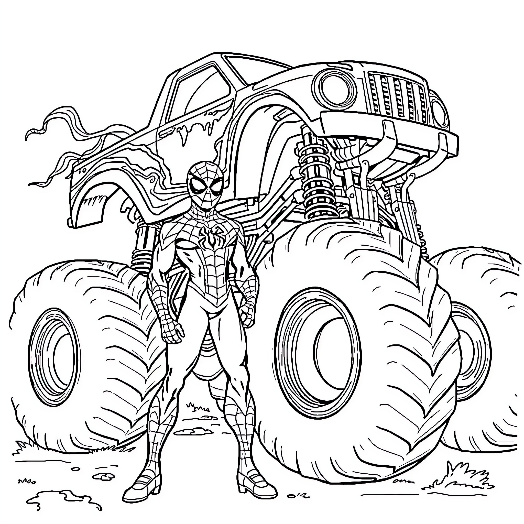 Spidey's Monster Truck Adventure Coloring Page (free black-and-white line drawing printable PDF for all, from beginners to advanced learners, including children, teens, adults, and seniors)