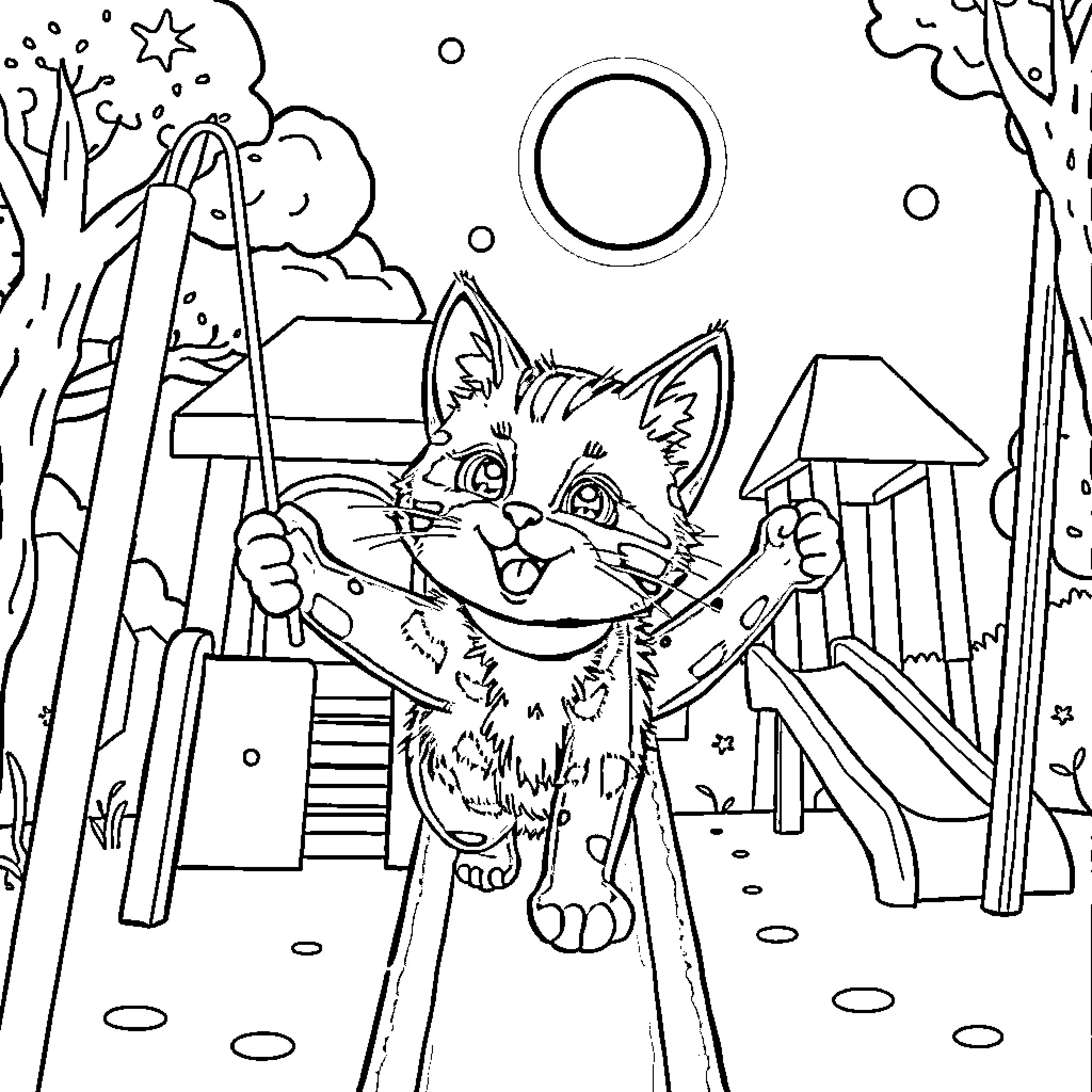 Katseye playing at the playground under the starry night Coloring Page (free black-and-white line drawing printable PDF for all, from beginners to advanced learners, including children, teens, adults, and seniors)
