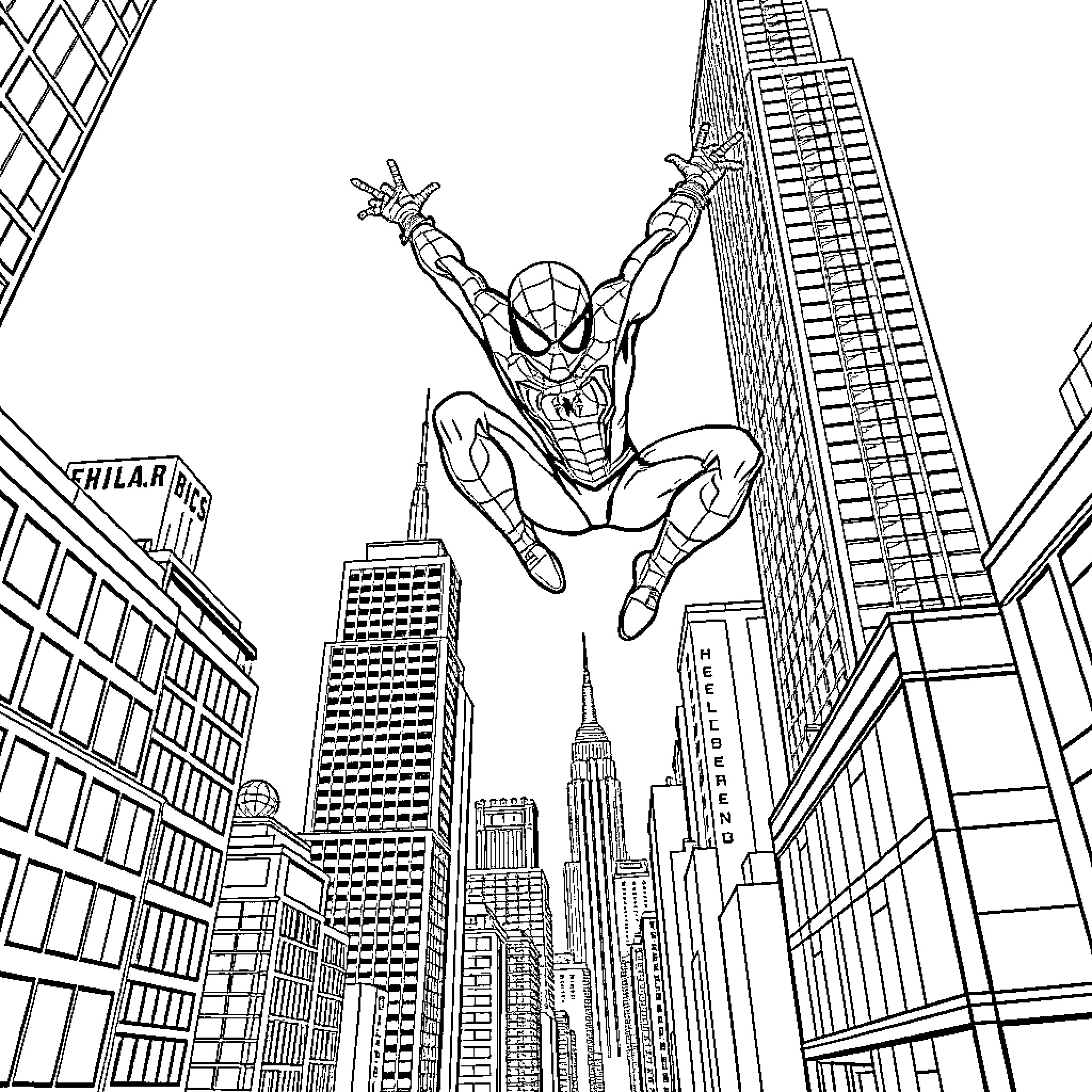 Spider-Man swinging through the city skyline Coloring Page (free black-and-white line drawing printable PDF for all, from beginners to advanced learners, including children, teens, adults, and seniors)