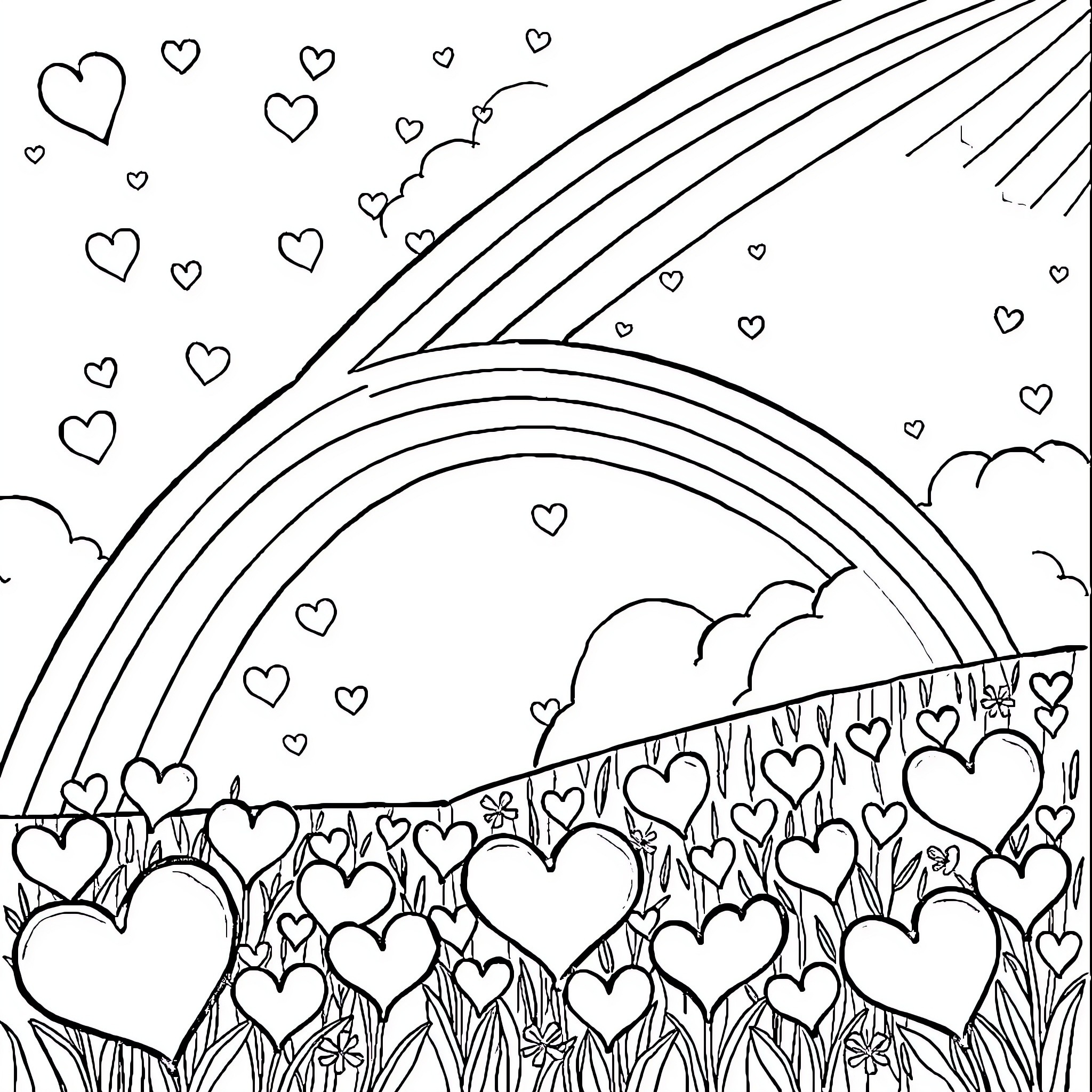 Heart-Filled Wonderland Coloring Page (free black-and-white line drawing printable PDF for all, from beginners to advanced learners, including children, teens, adults, and seniors)