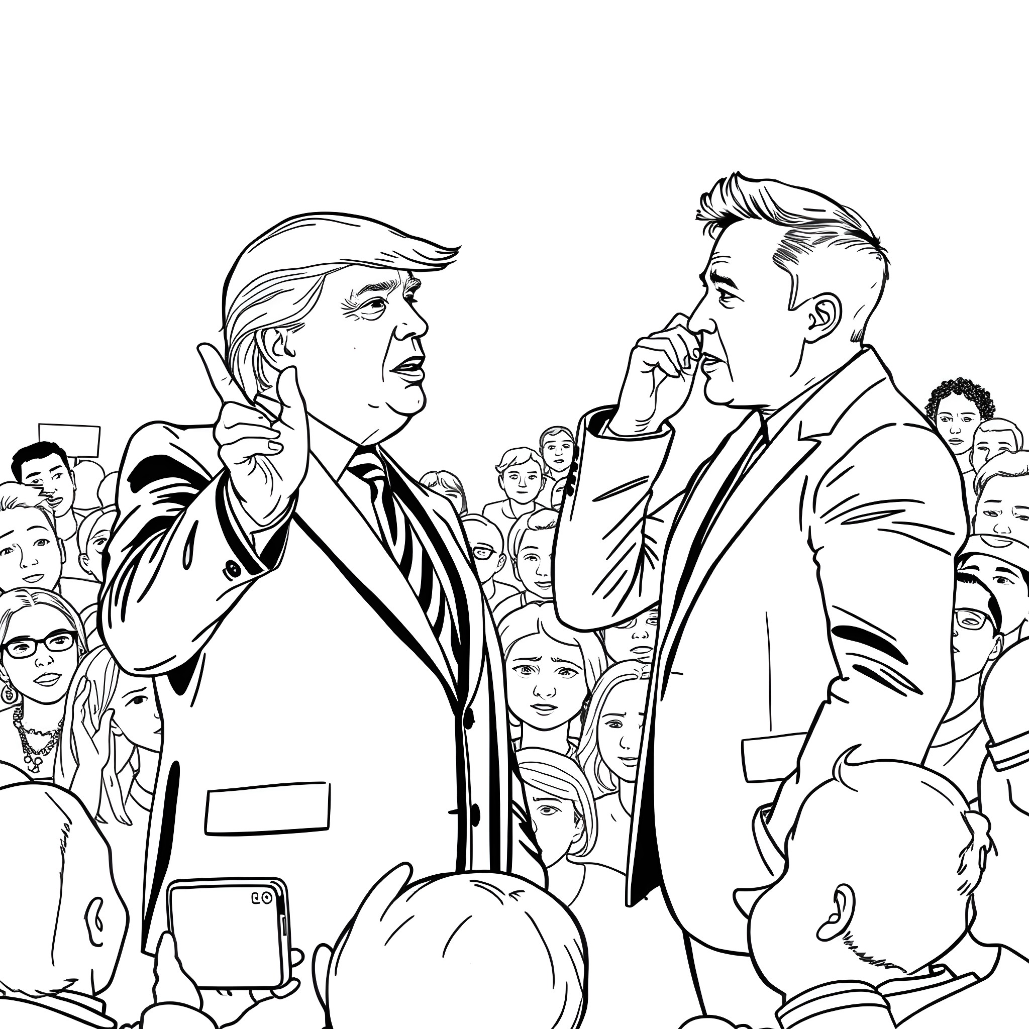 Donald Trump debating with a political opponent in a crowd Coloring Page (free black-and-white line drawing printable PDF for all, from beginners to advanced learners, including children, teens, adults, and seniors)