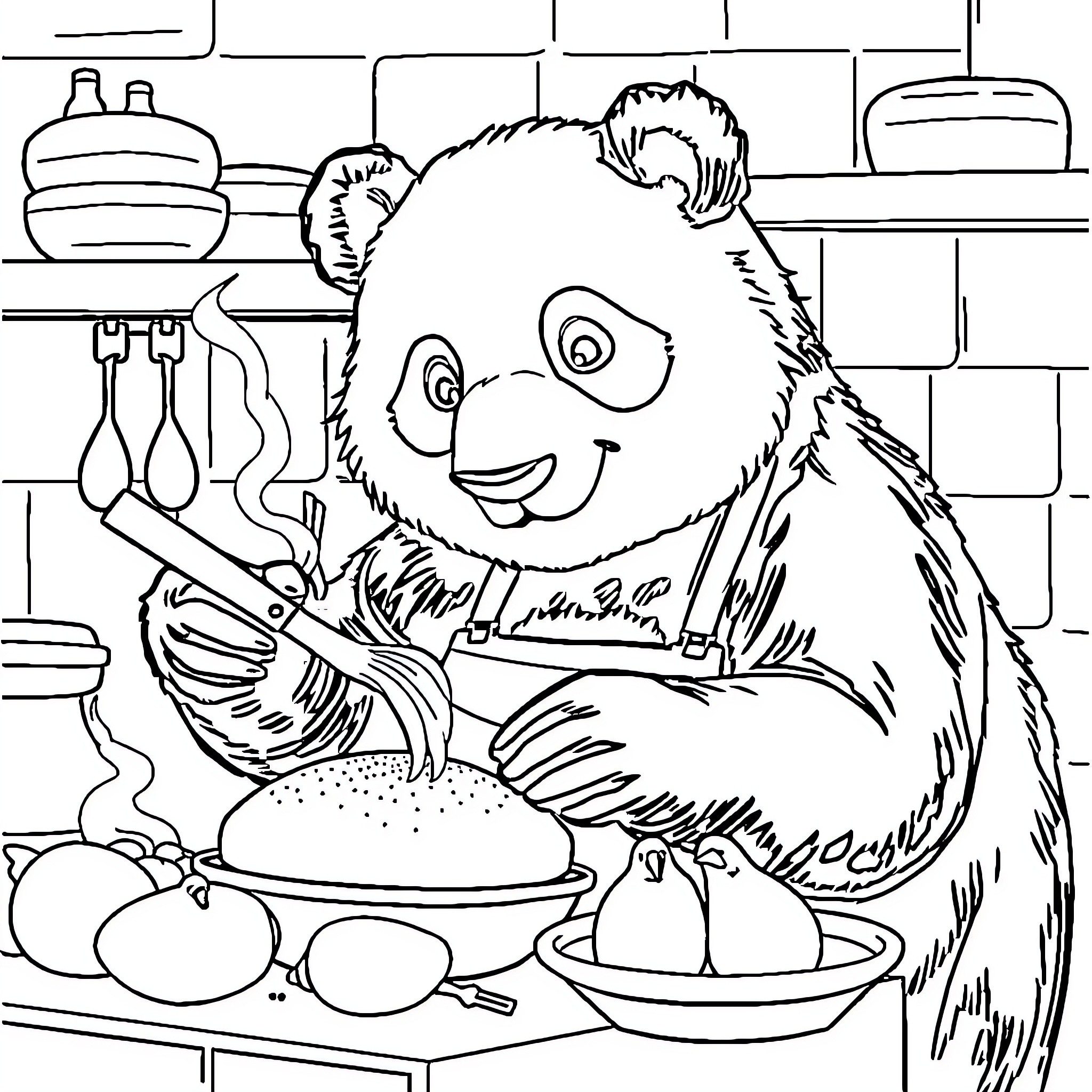 Panda cooking happily in the kitchen Coloring Page (free black-and-white line drawing printable PDF for all, from beginners to advanced learners, including children, teens, adults, and seniors)