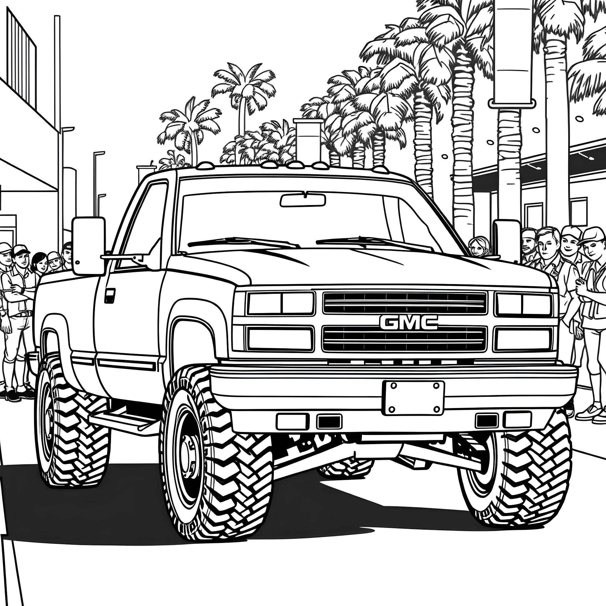 Truck lifted with big tires at tropical scene Coloring Page (free black-and-white line drawing printable PDF for all, from beginners to advanced learners, including children, teens, adults, and seniors)