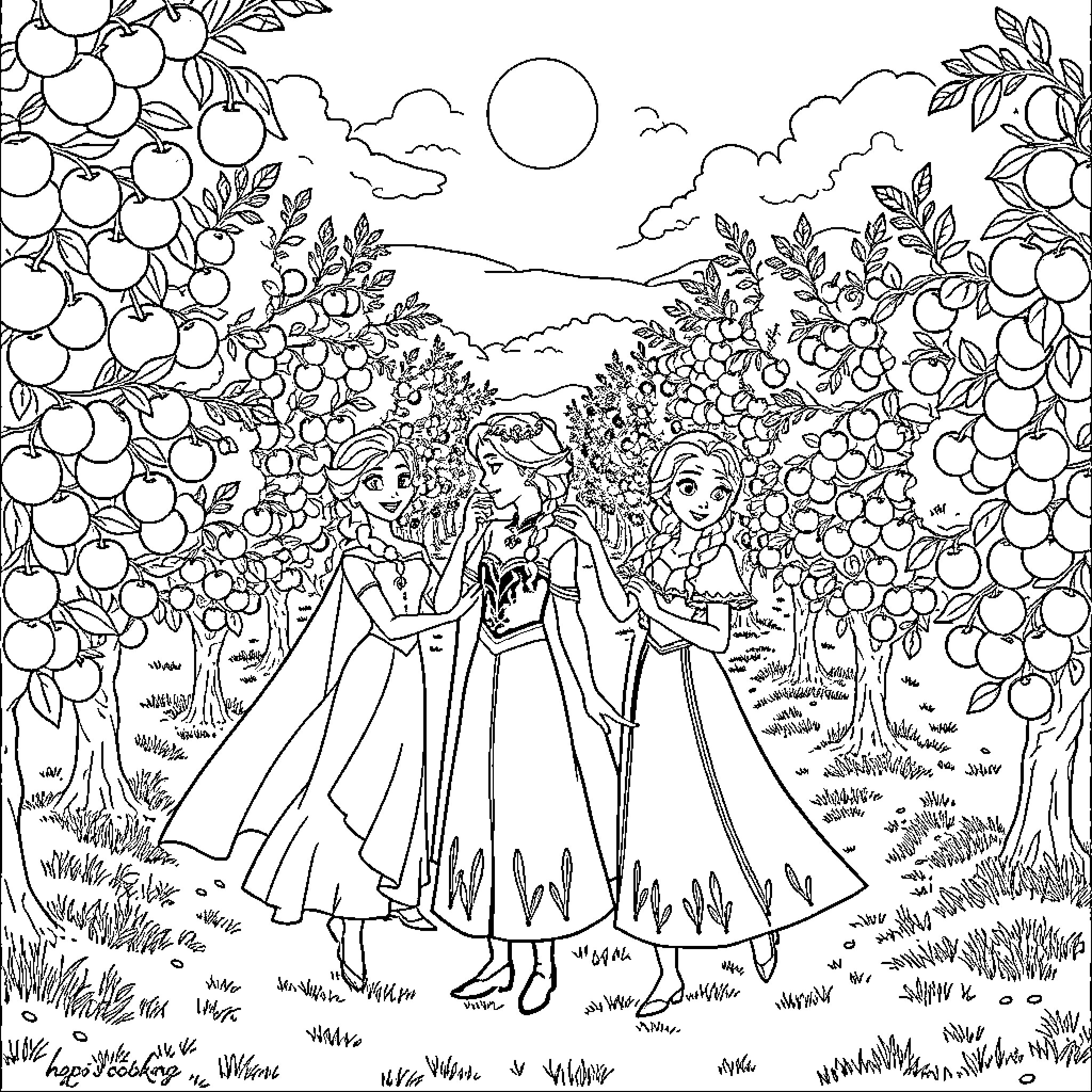 Elsa's Enchanted Apple Orchard Coloring Page (free black-and-white line drawing printable PDF for all, from beginners to advanced learners, including children, teens, adults, and seniors)