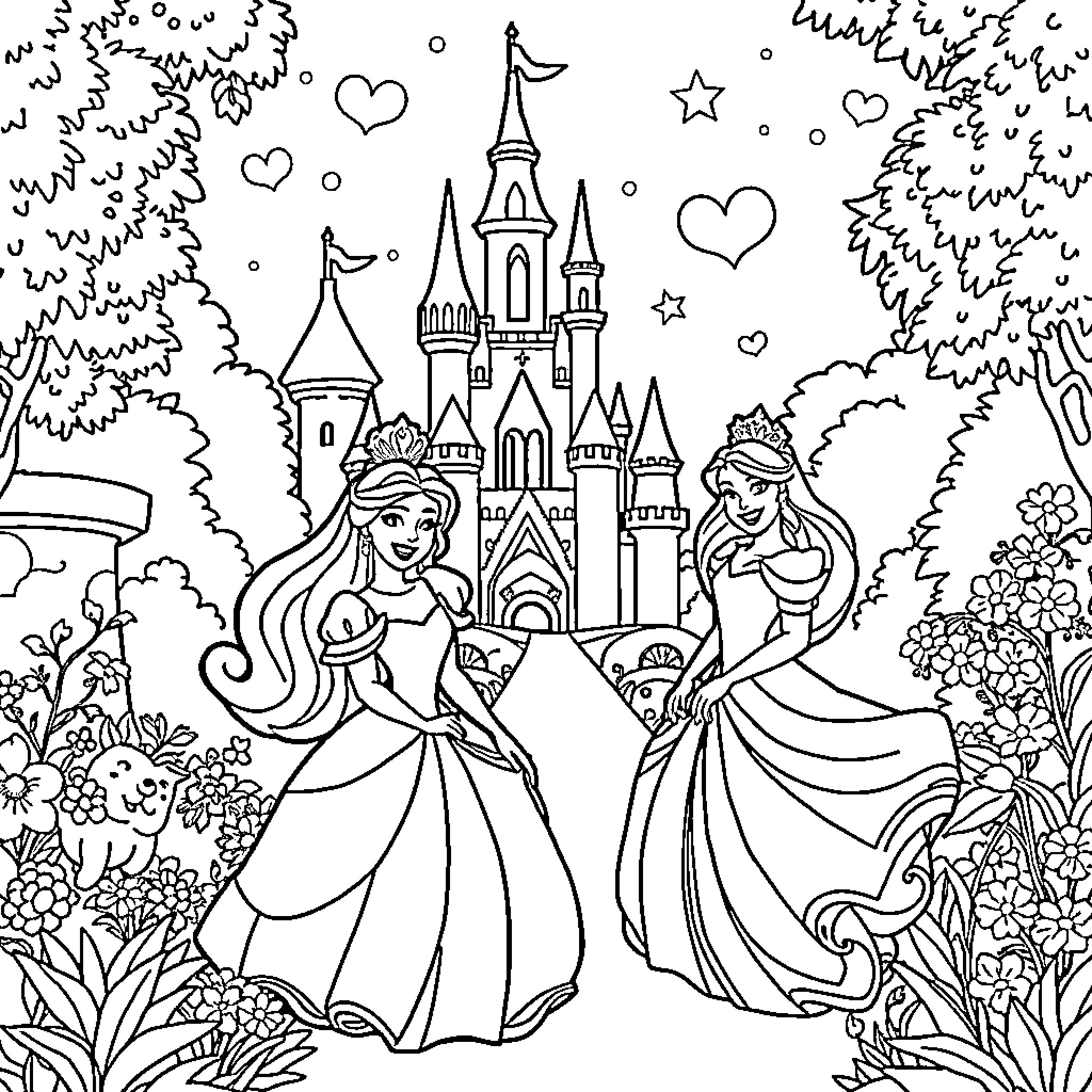 Princess strolling in a magical garden with a castle Coloring Page (free black-and-white line drawing printable PDF for all, from beginners to advanced learners, including children, teens, adults, and seniors)