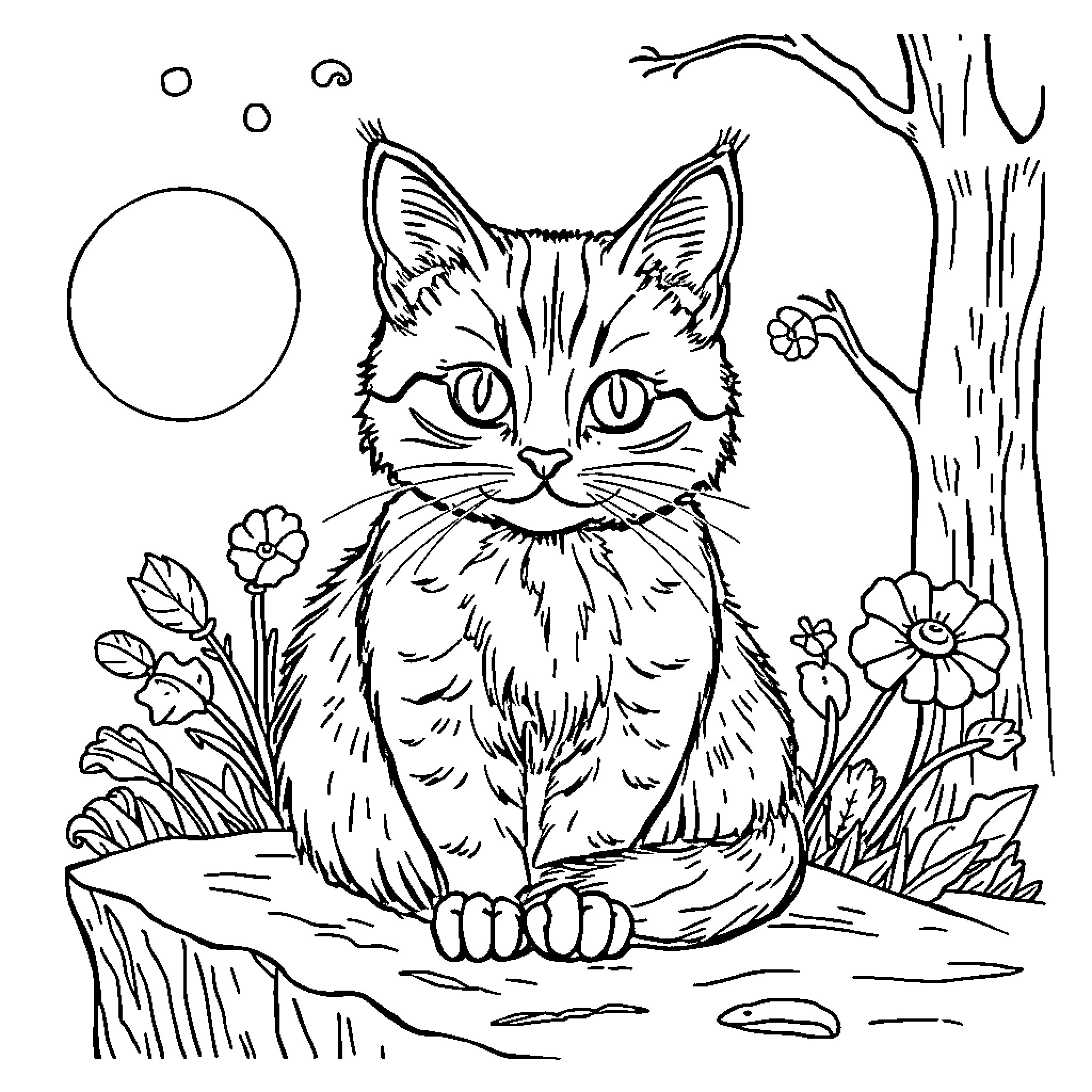 Dog sitting in flower field Coloring Page (free black-and-white line drawing printable PDF for all, from beginners to advanced learners, including children, teens, adults, and seniors)