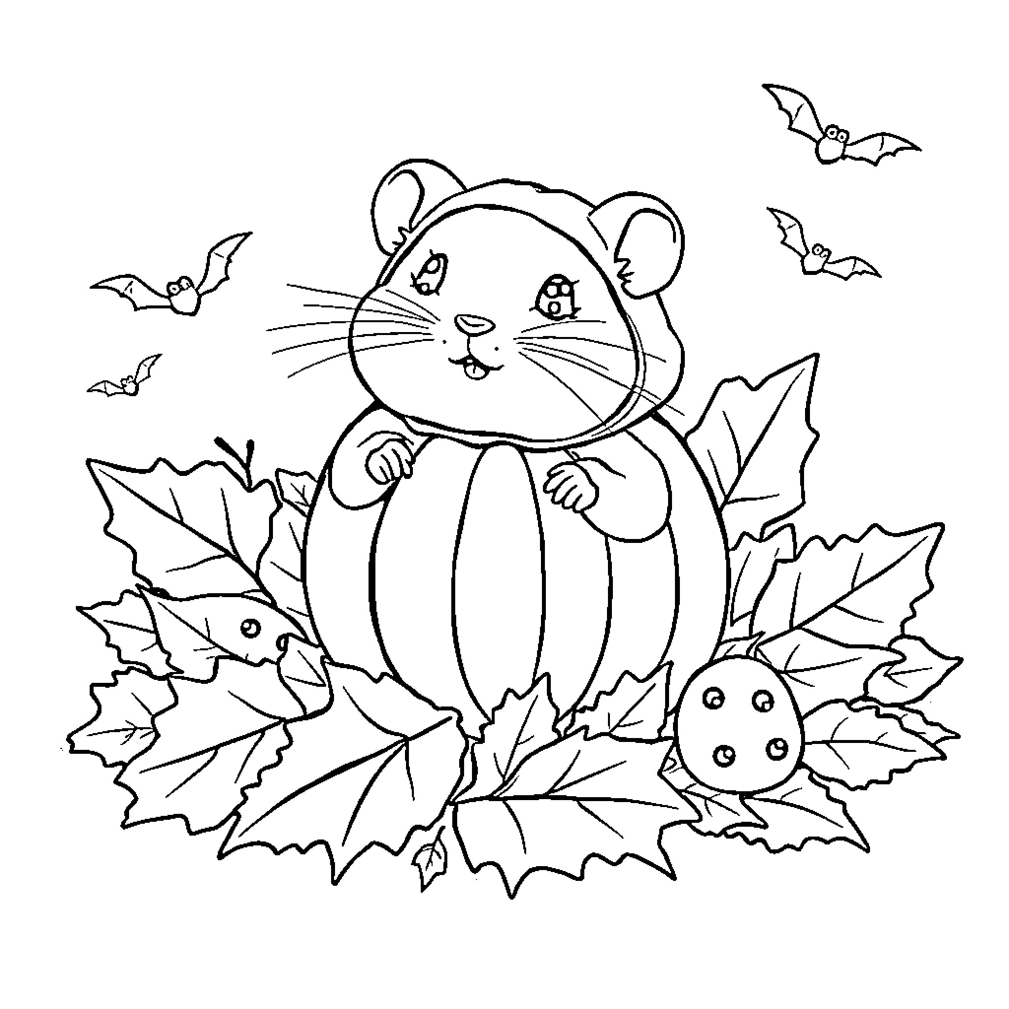Hamster enjoying autumn leaves and bats Coloring Page (free black-and-white line drawing printable PDF for all, from beginners to advanced learners, including children, teens, adults, and seniors)