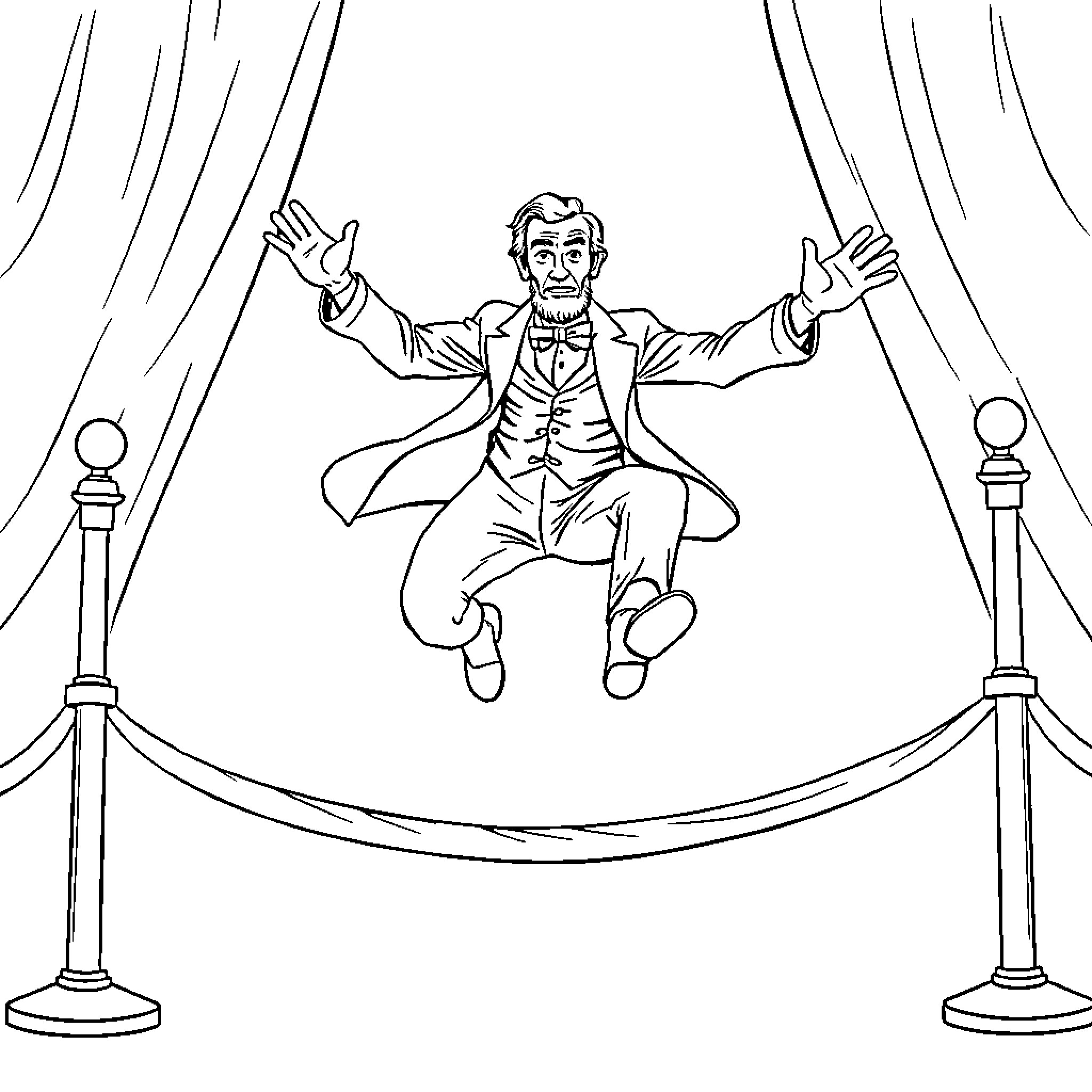 Abraham Lincoln Performing on a Stage Coloring Page (free black-and-white line drawing printable PDF for all, from beginners to advanced learners, including children, teens, adults, and seniors)