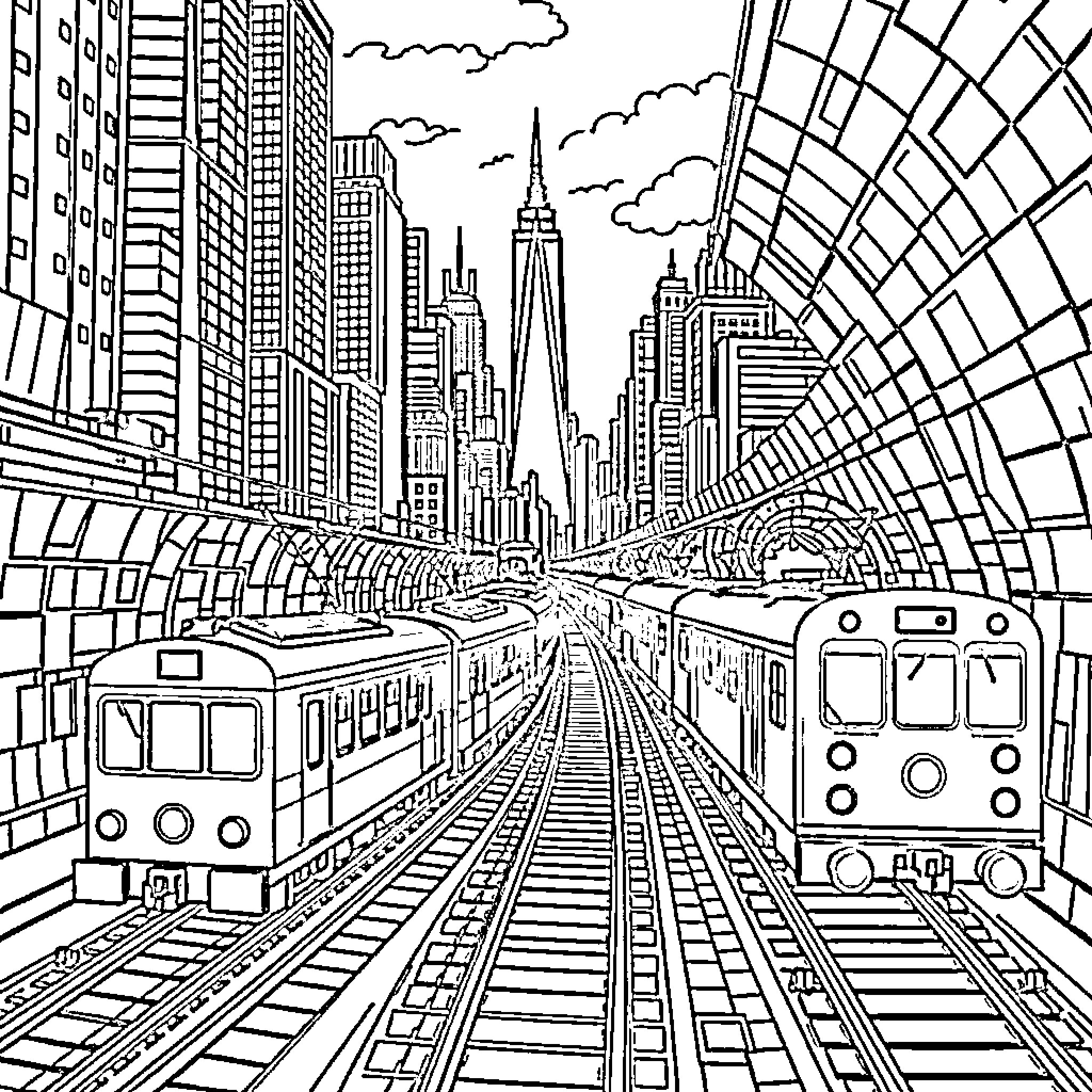 Train Traveling Through Bustling Urban Landscape Coloring Page (free black-and-white line drawing printable PDF for all, from beginners to advanced learners, including children, teens, adults, and seniors)