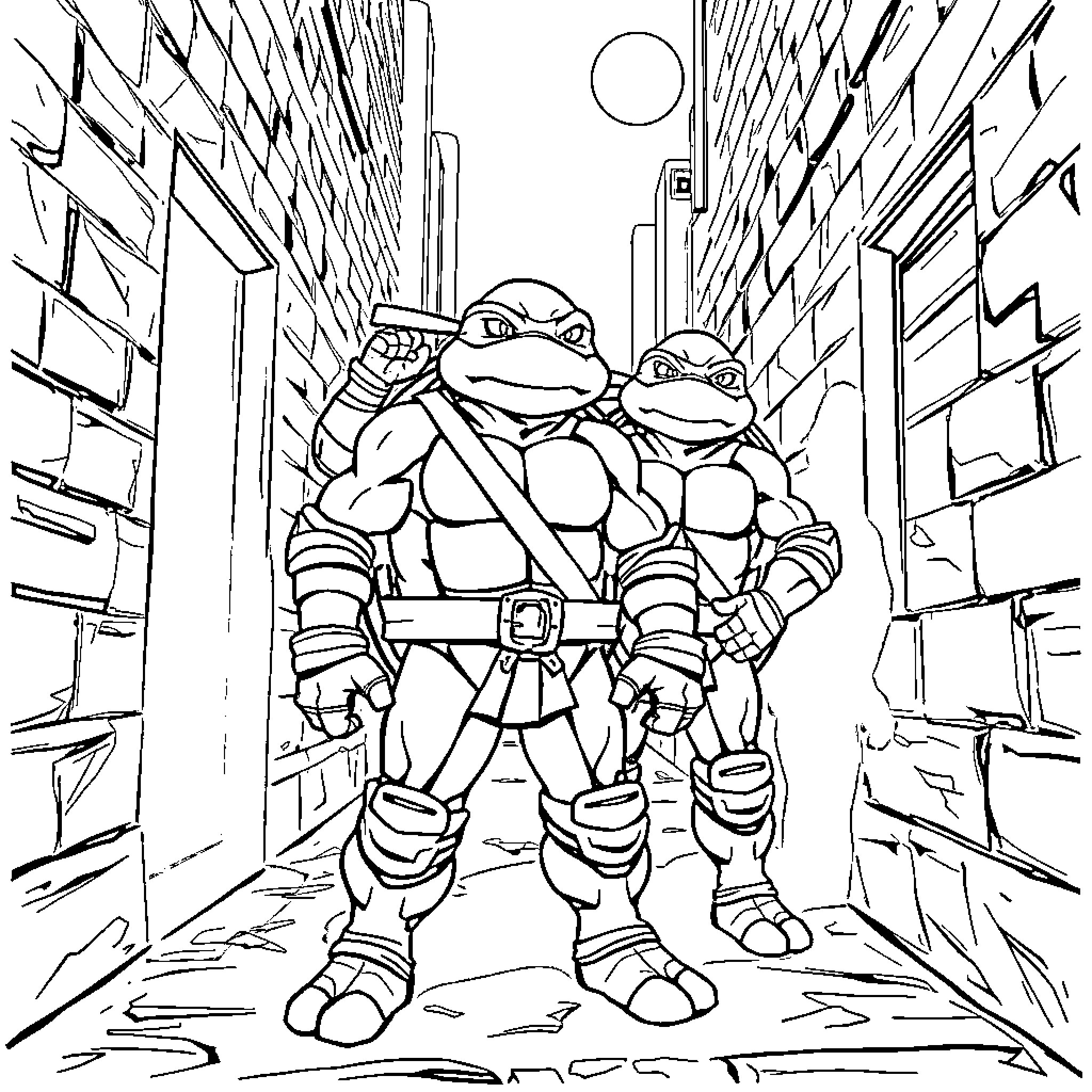 No Ones Ninja Turtles Exploring Alleyway Coloring Page (free black-and-white line drawing printable PDF for all, from beginners to advanced learners, including children, teens, adults, and seniors)