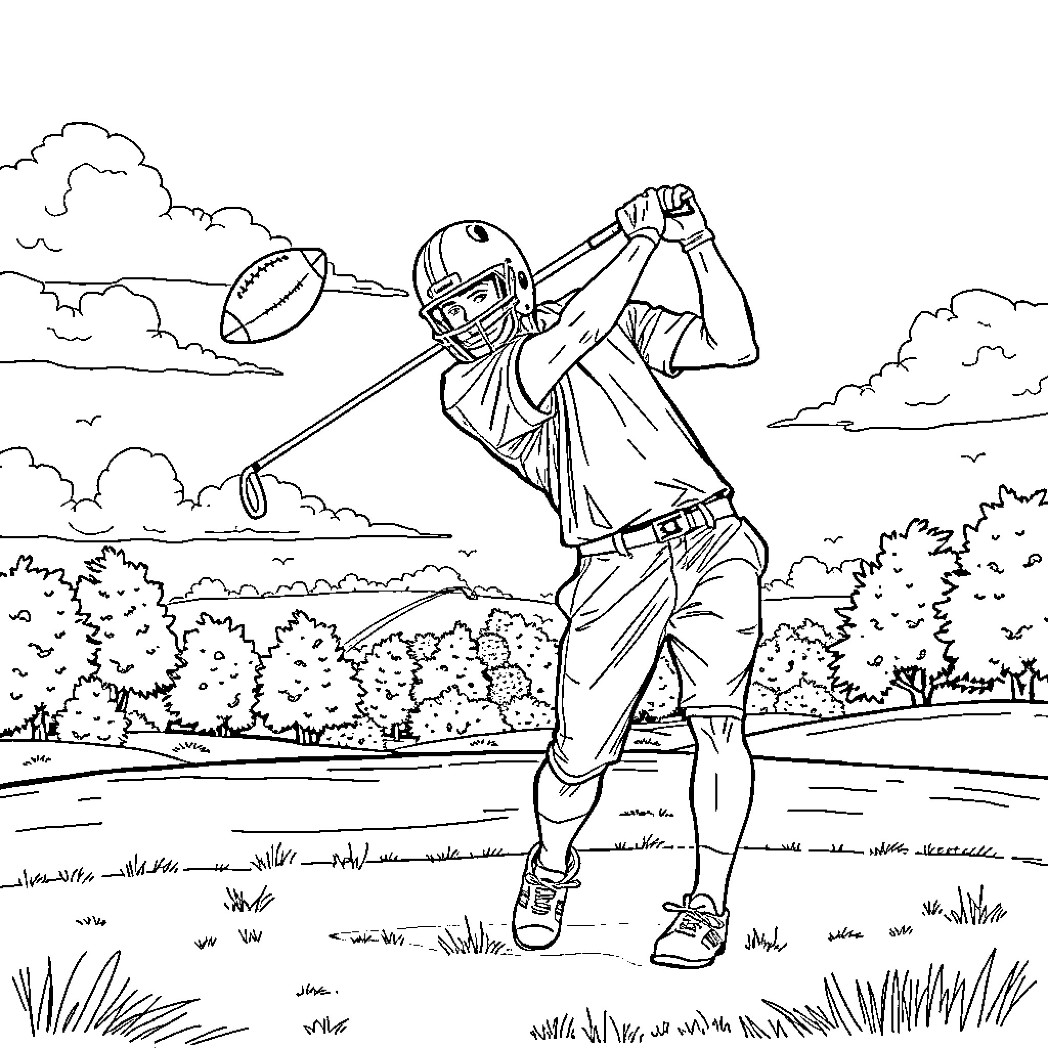 Football Player Swinging a Ball on a Field Coloring Page (free black-and-white line drawing printable PDF for all, from beginners to advanced learners, including children, teens, adults, and seniors)