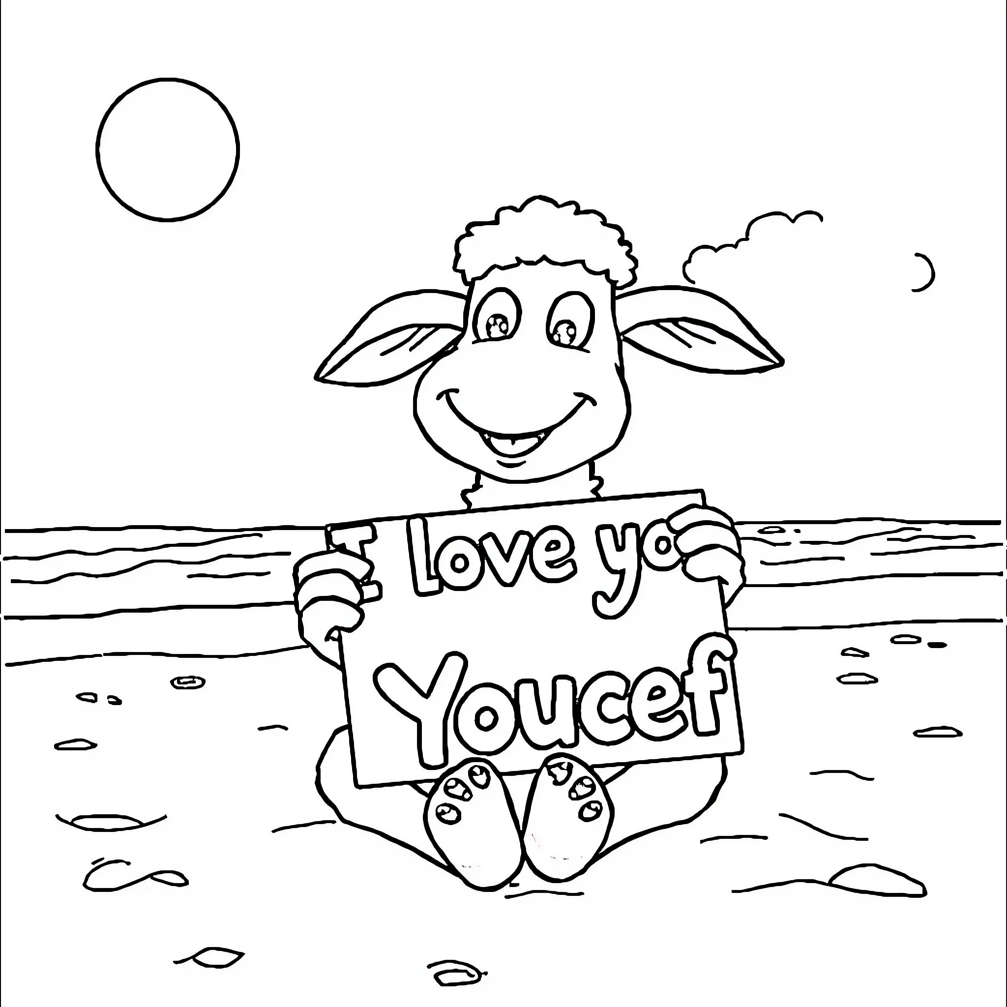 Shaun the Sheep enjoying the beach and expressing love Coloring Page (free black-and-white line drawing printable PDF for all, from beginners to advanced learners, including children, teens, adults, and seniors)