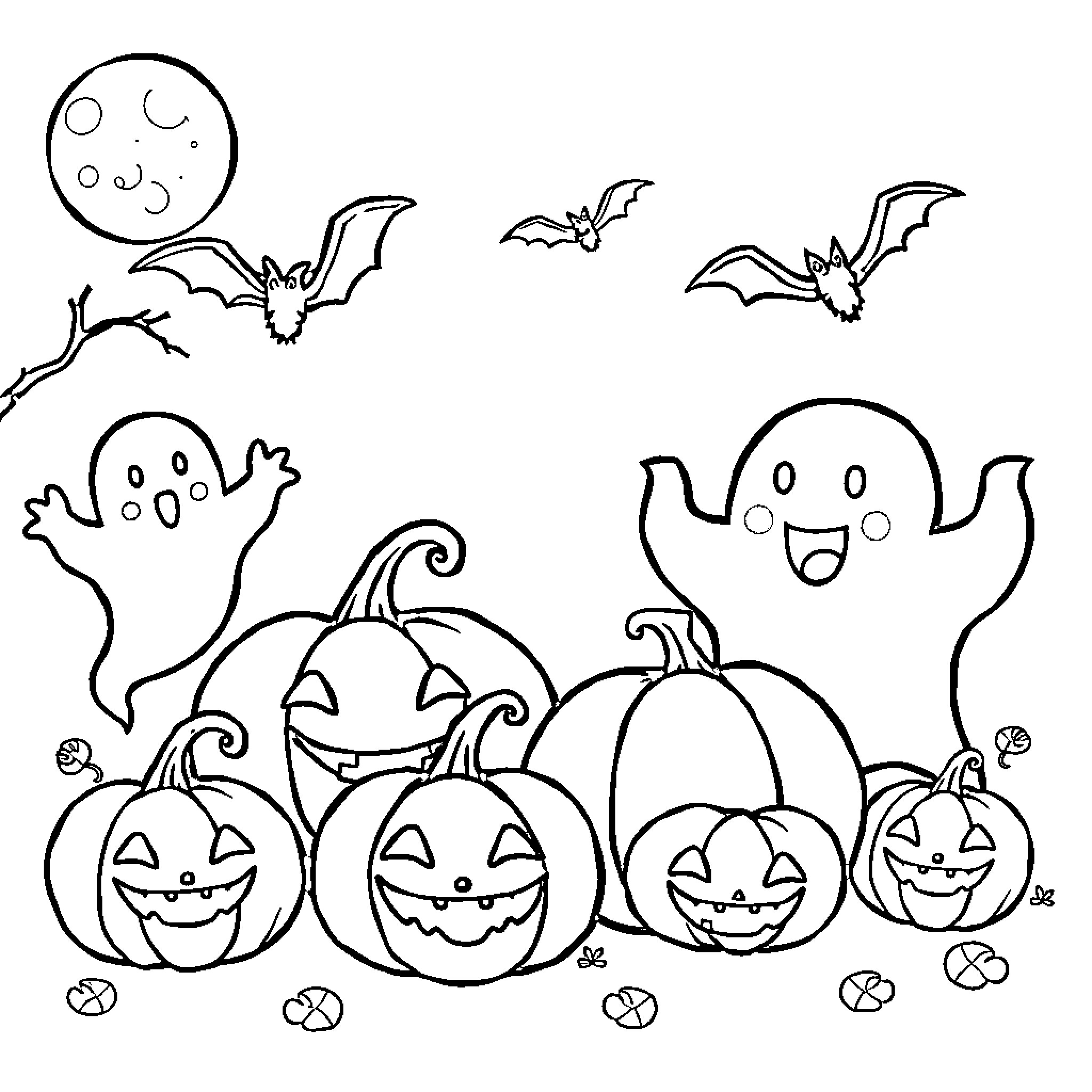 Halloween pumpkins, ghosts, and bats in a spooky scene Coloring Page (free black-and-white line drawing printable PDF for all, from beginners to advanced learners, including children, teens, adults, and seniors)