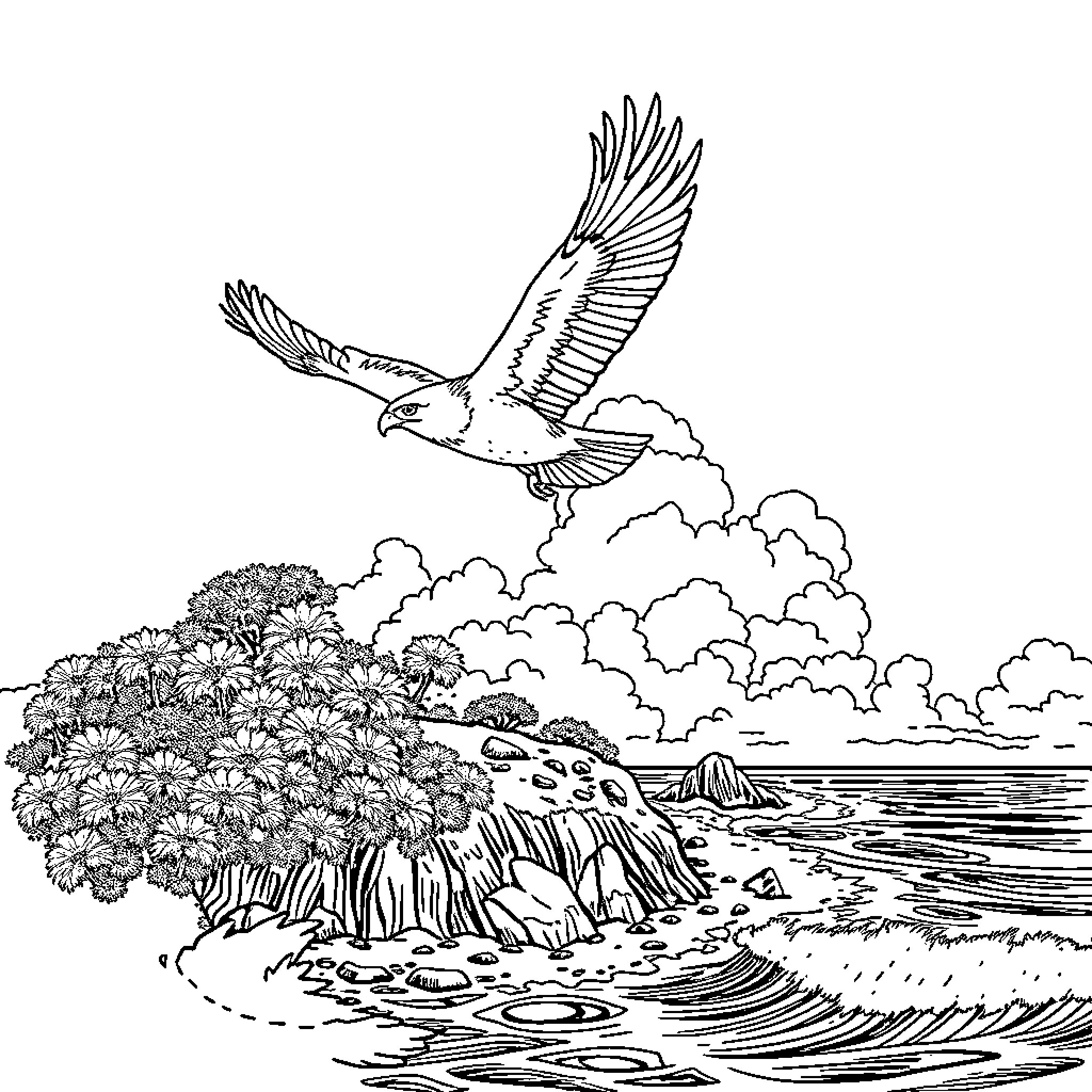 Eagle soaring over a tropical landscape Coloring Page (free black-and-white line drawing printable PDF for all, from beginners to advanced learners, including children, teens, adults, and seniors)